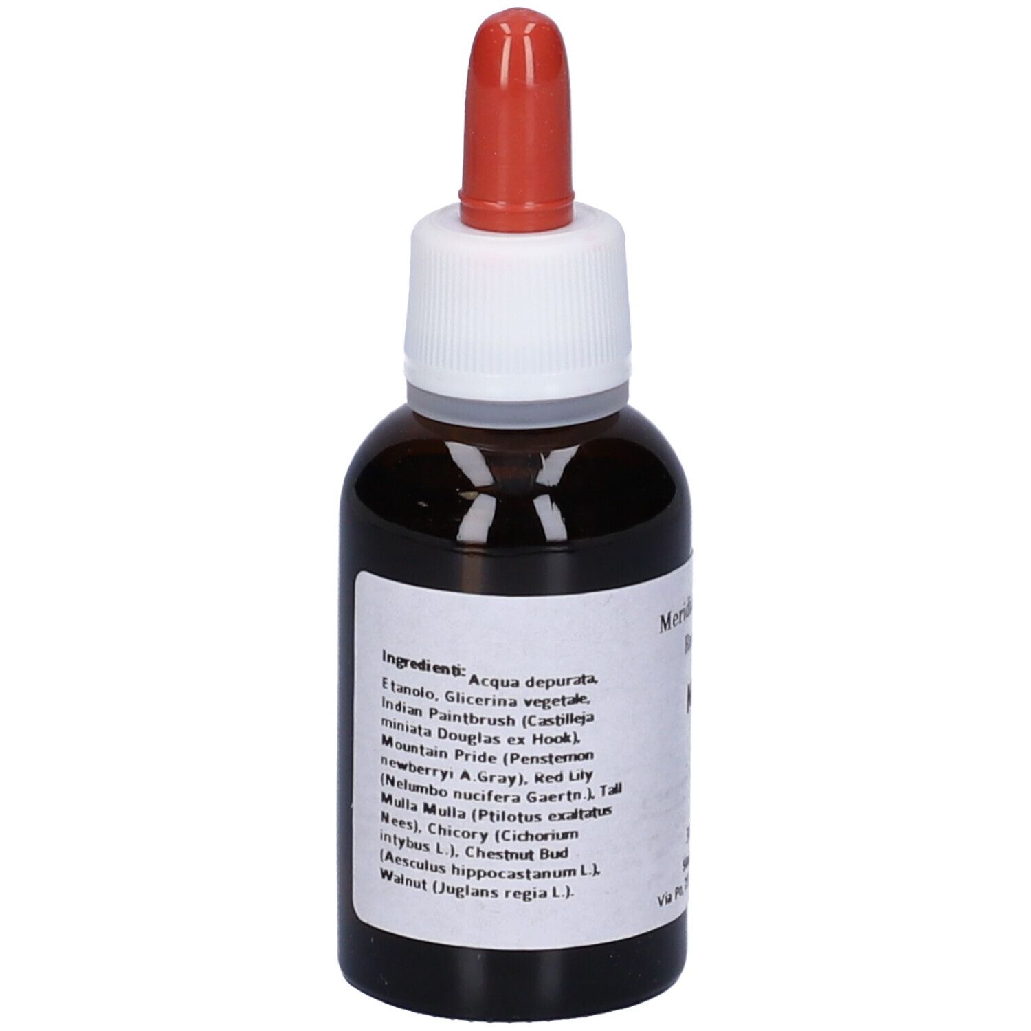Flacone di vetro marrone con contagocce rosso. Etichetta con ingredienti. Scritta: Meridian Flowers Remedy.