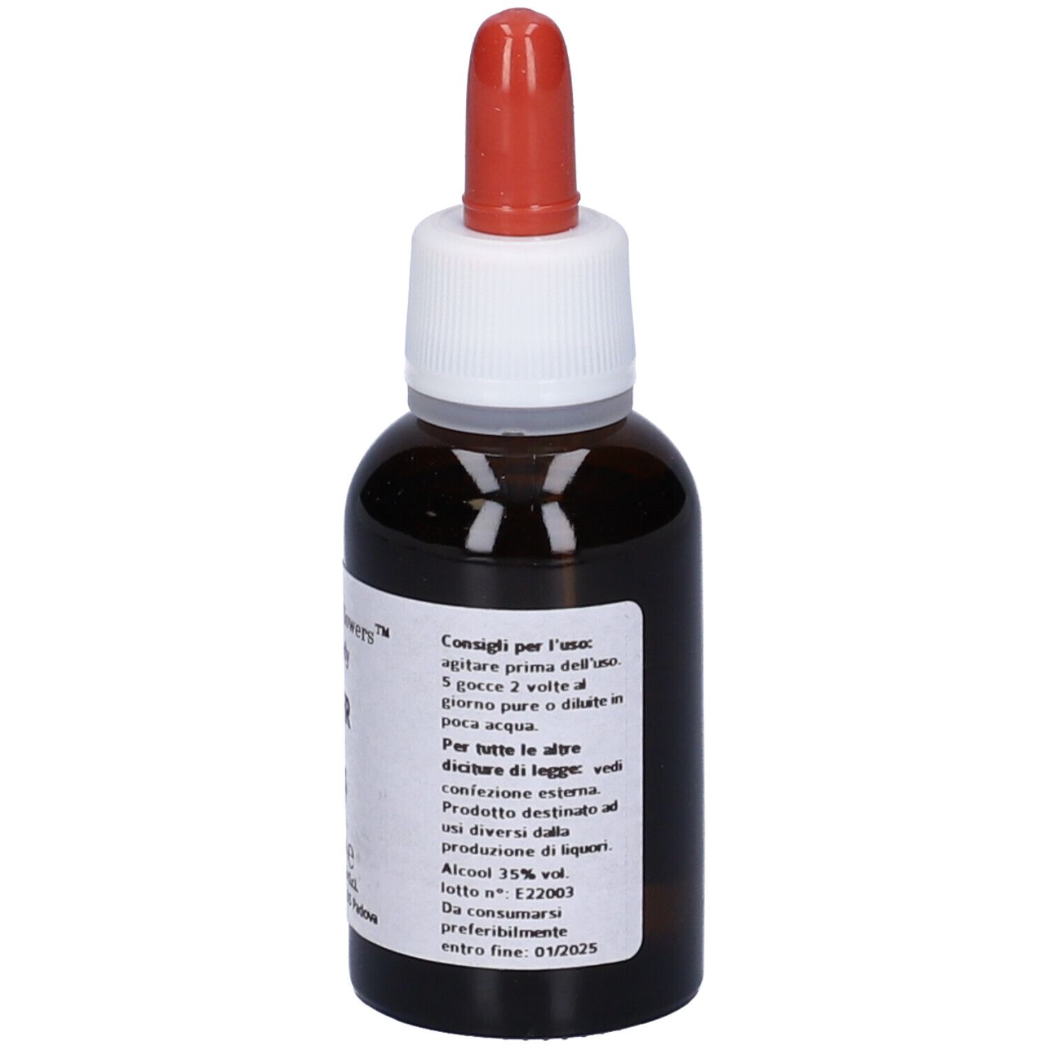 Flacone di vetro marrone con contagocce rosso. Etichetta con istruzioni per l'uso. Scritta: Meridian Flowers Remedy.