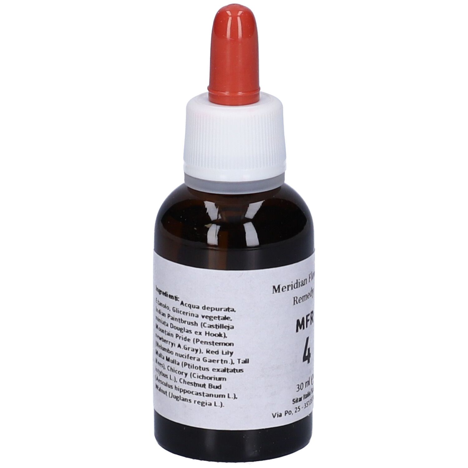 Flacone di vetro marrone con contagocce rosso. Etichetta con ingredienti. Scritta: Meridian Flowers Remedy MFR 4.