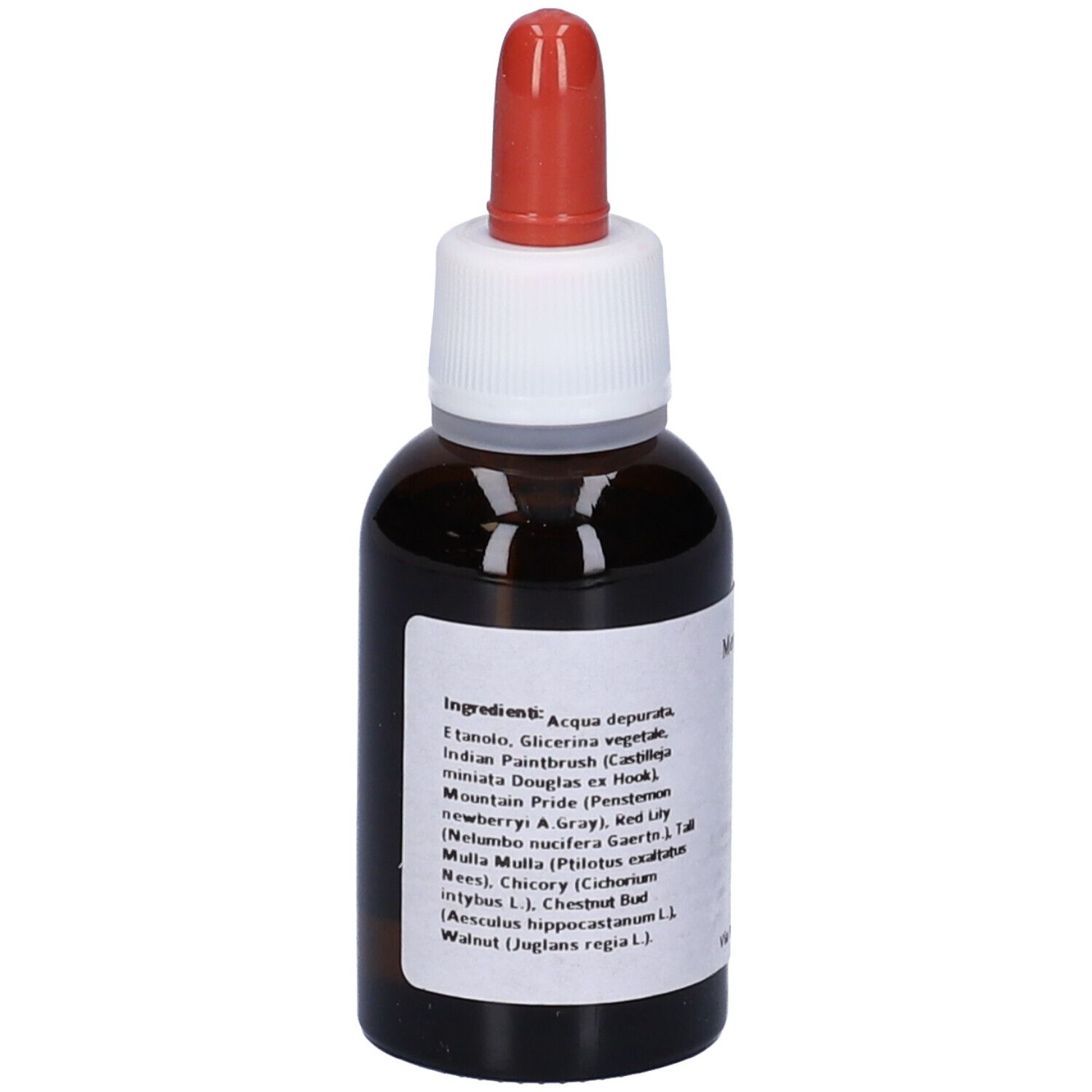 Flacone di vetro marrone con contagocce rosso. Etichetta con ingredienti. Scritta: Meridian Flowers Remedy MFR 4.