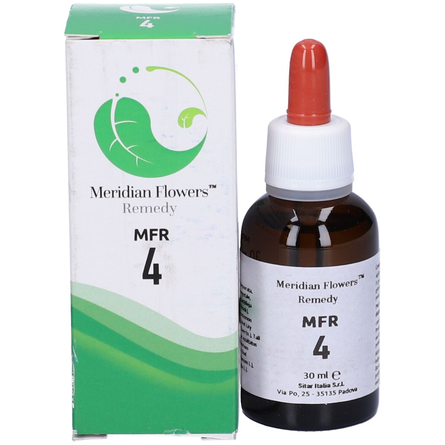 Flacone e scatola marroni. Scritta: Meridian Flowers Remedy MFR 4. Logo: foglia verde. Contagocce rosso.