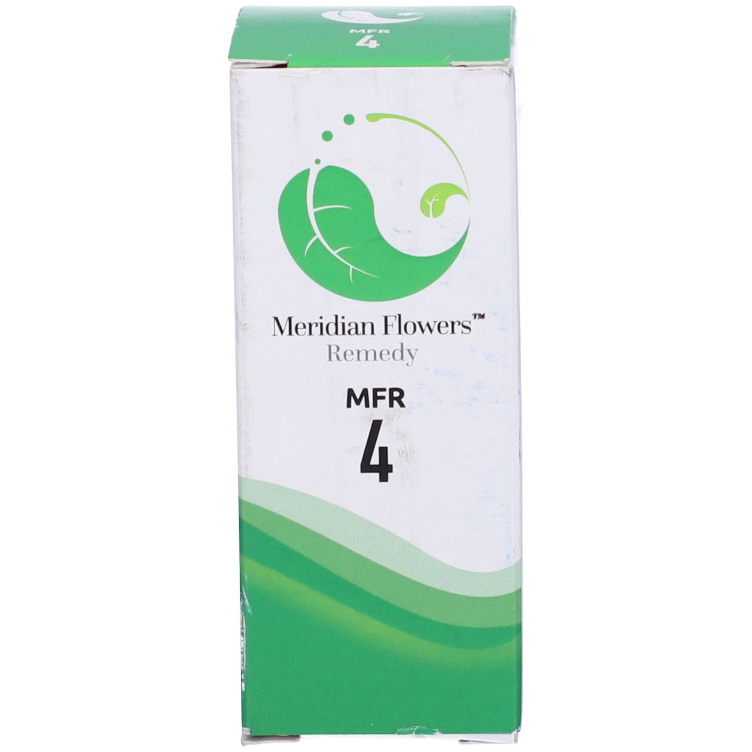 Scatola, bianca e verde. Scritta: Meridian Flowers Remedy MFR 4. Logo: foglia verde. Informazioni sul prodotto.
