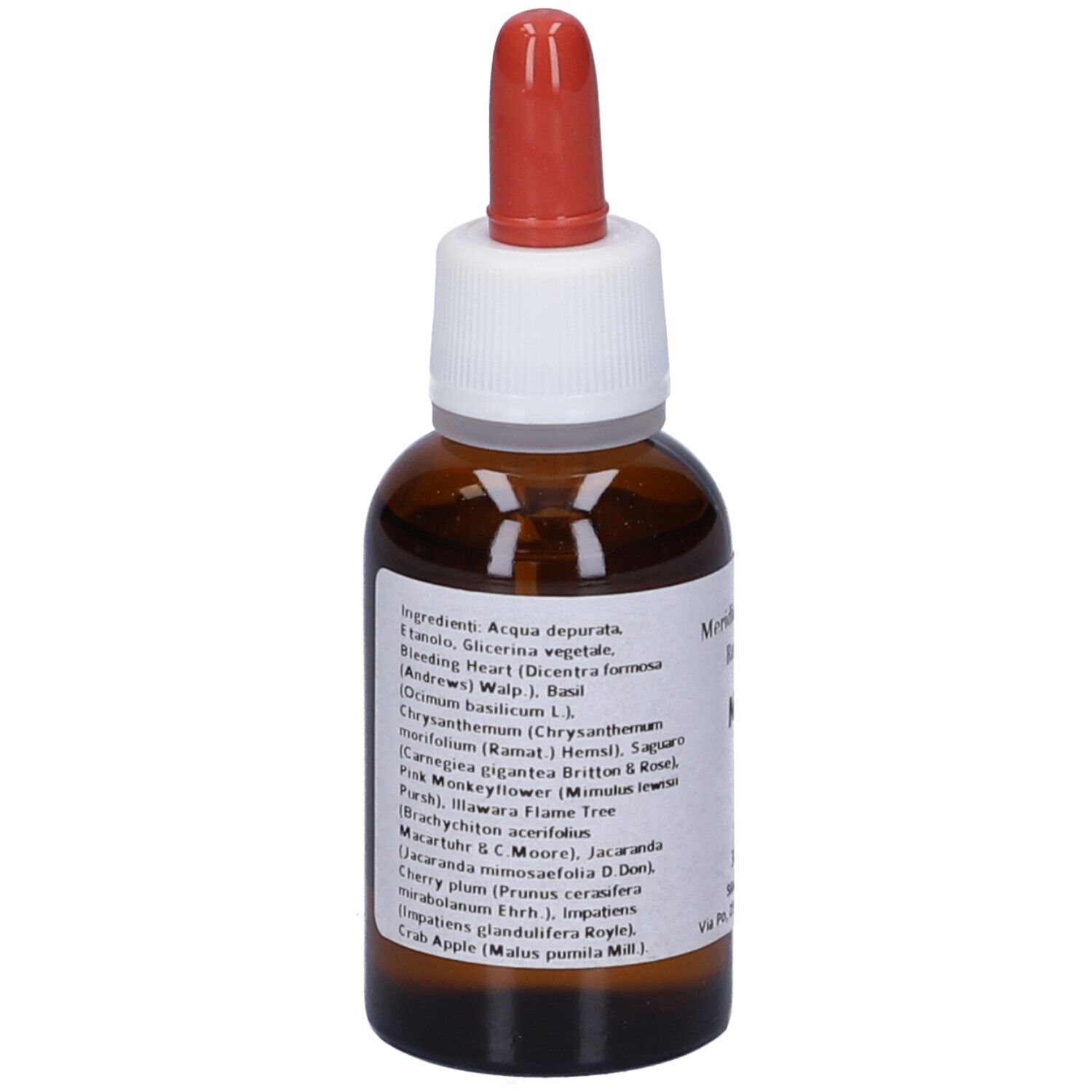 Flacone di vetro marrone con contagocce rosso. Etichetta con ingredienti. Nome prodotto e indirizzo produttore visibili.