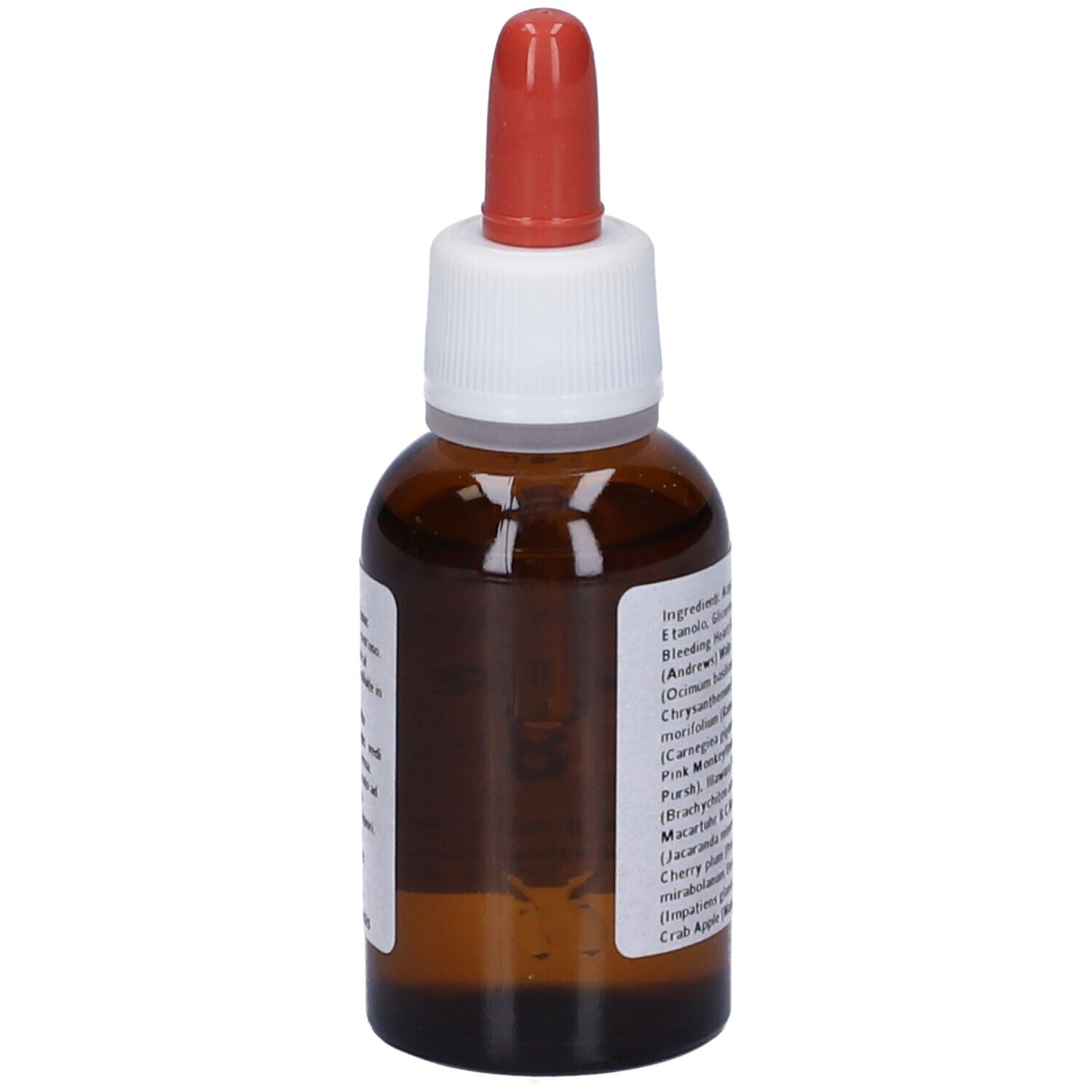Flacone di vetro marrone con contagocce rosso. Etichetta con ingredienti. Nome prodotto e indirizzo produttore visibili.