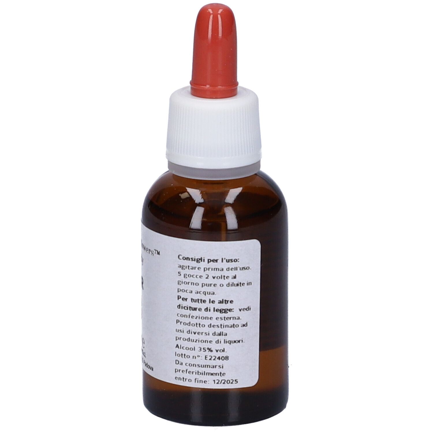 Flacone di vetro marrone con contagocce rosso. Etichetta con istruzioni per l'uso. Nome prodotto e indirizzo produttore visibili.