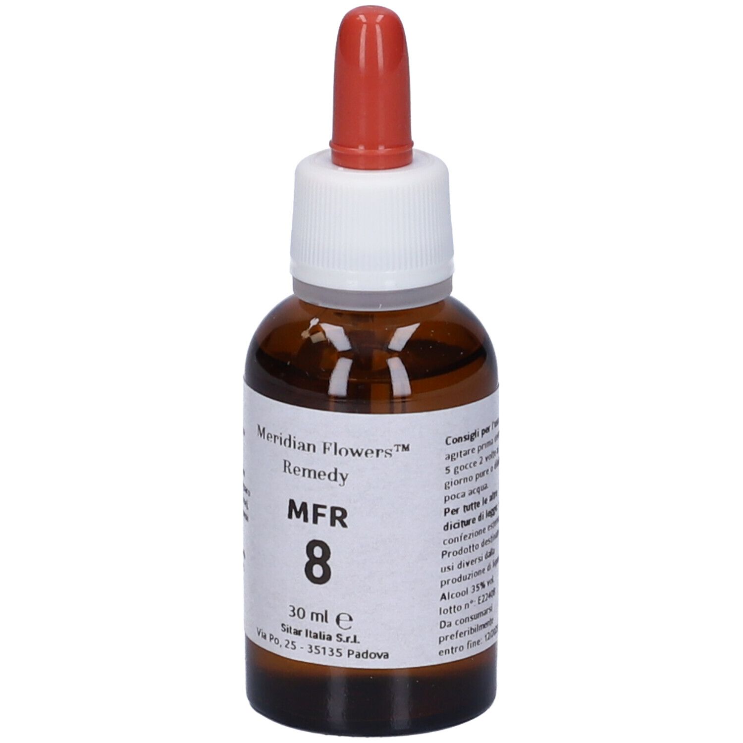 Flacone di vetro marrone con contagocce rosso. Etichetta con nome prodotto, MFR 8, e 30 ml. Indirizzo produttore visibile.