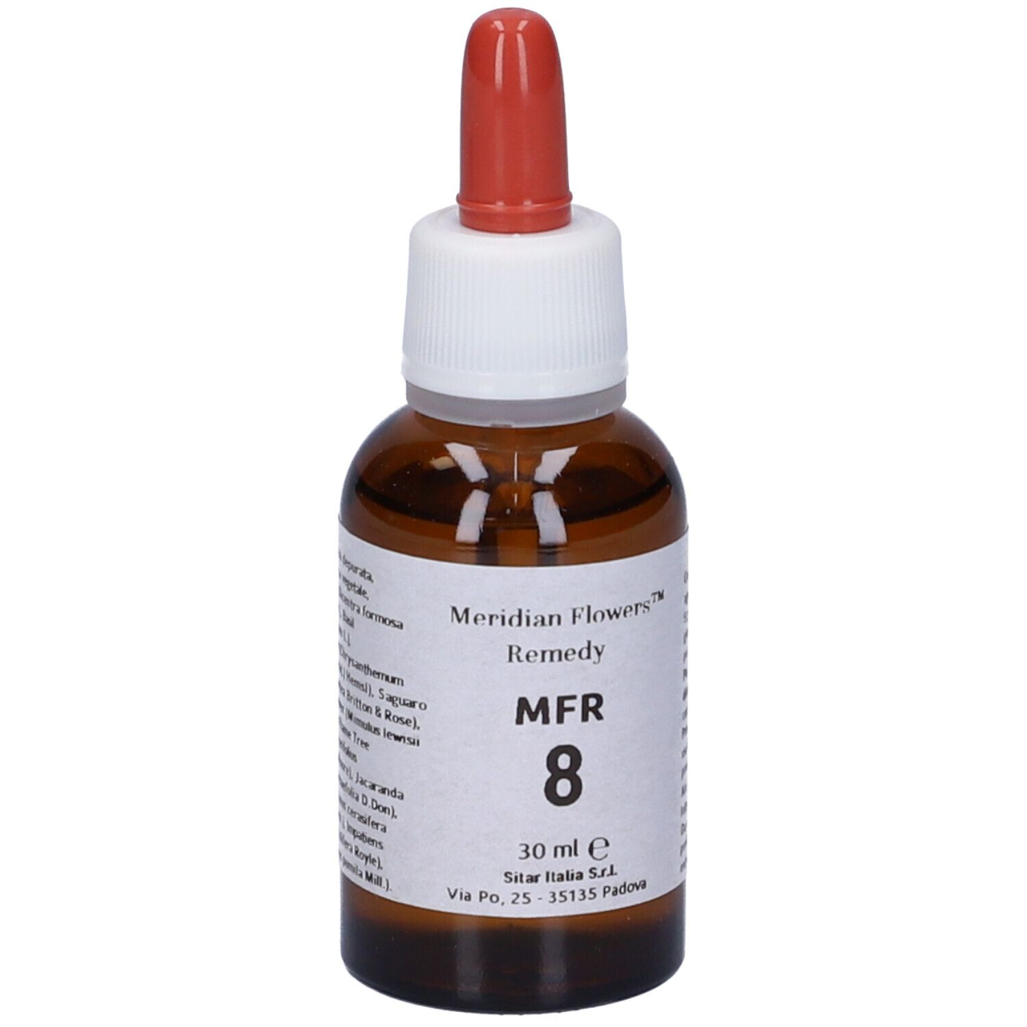 Flacone di vetro marrone con contagocce rosso. Etichetta con nome prodotto, MFR 8, e 30 ml. Indirizzo produttore visibile.