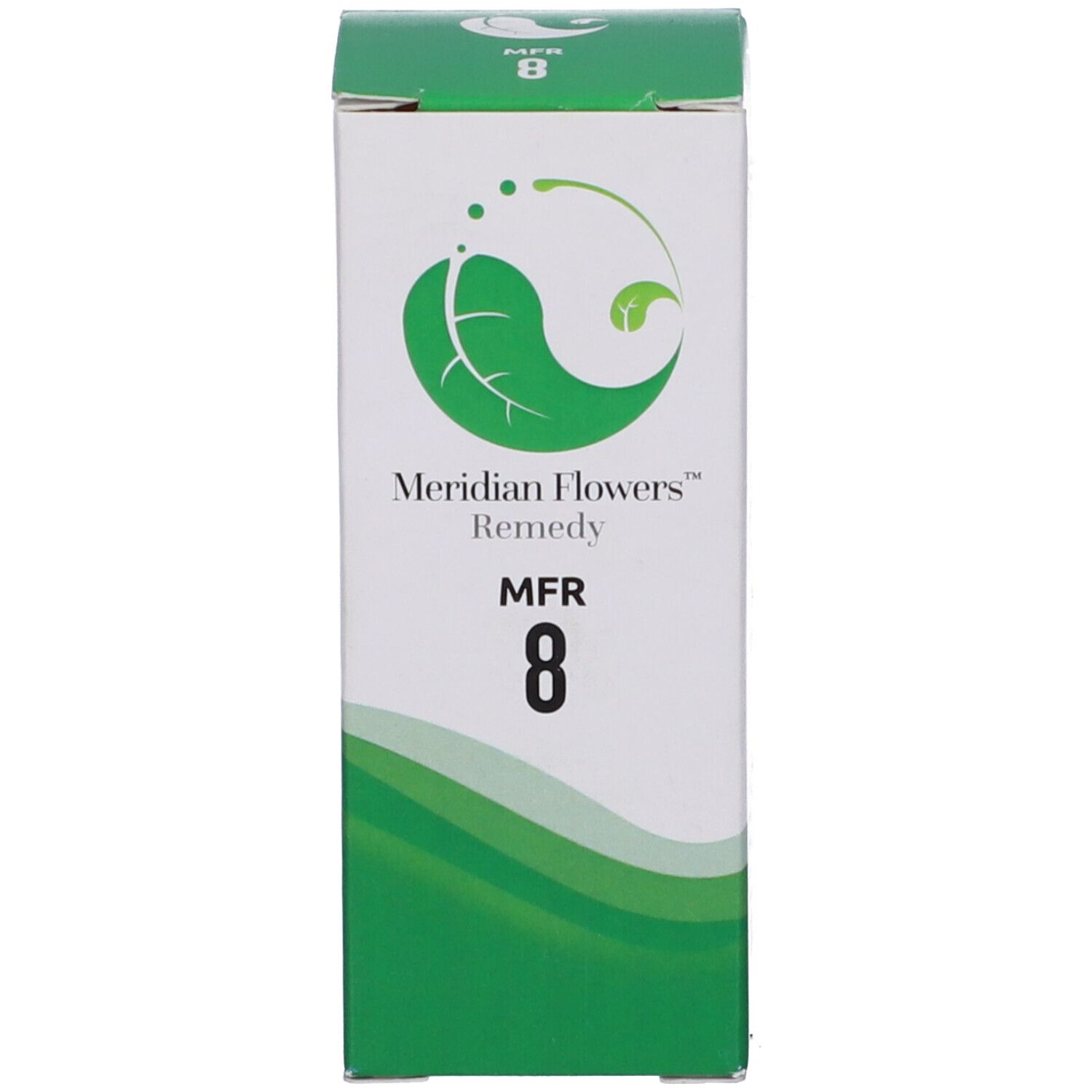 Confezione, bianca con elementi verdi. Logo e nome prodotto MFR 8. Motivi a onde verdi. Parte superiore con nome prodotto.
