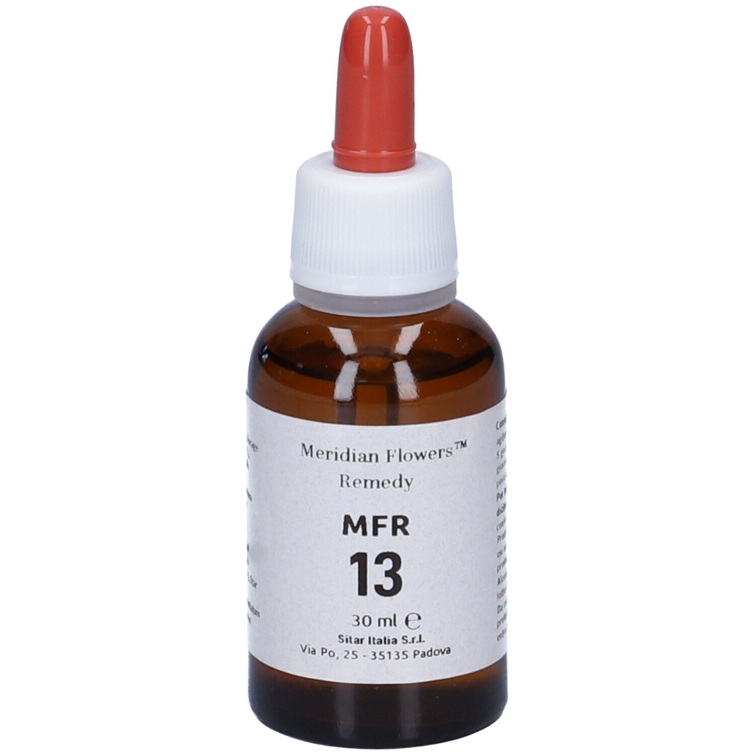 Flacone di vetro marrone con contagocce rosso. Scritta: Meridian Flowers Remedy MFR 13.