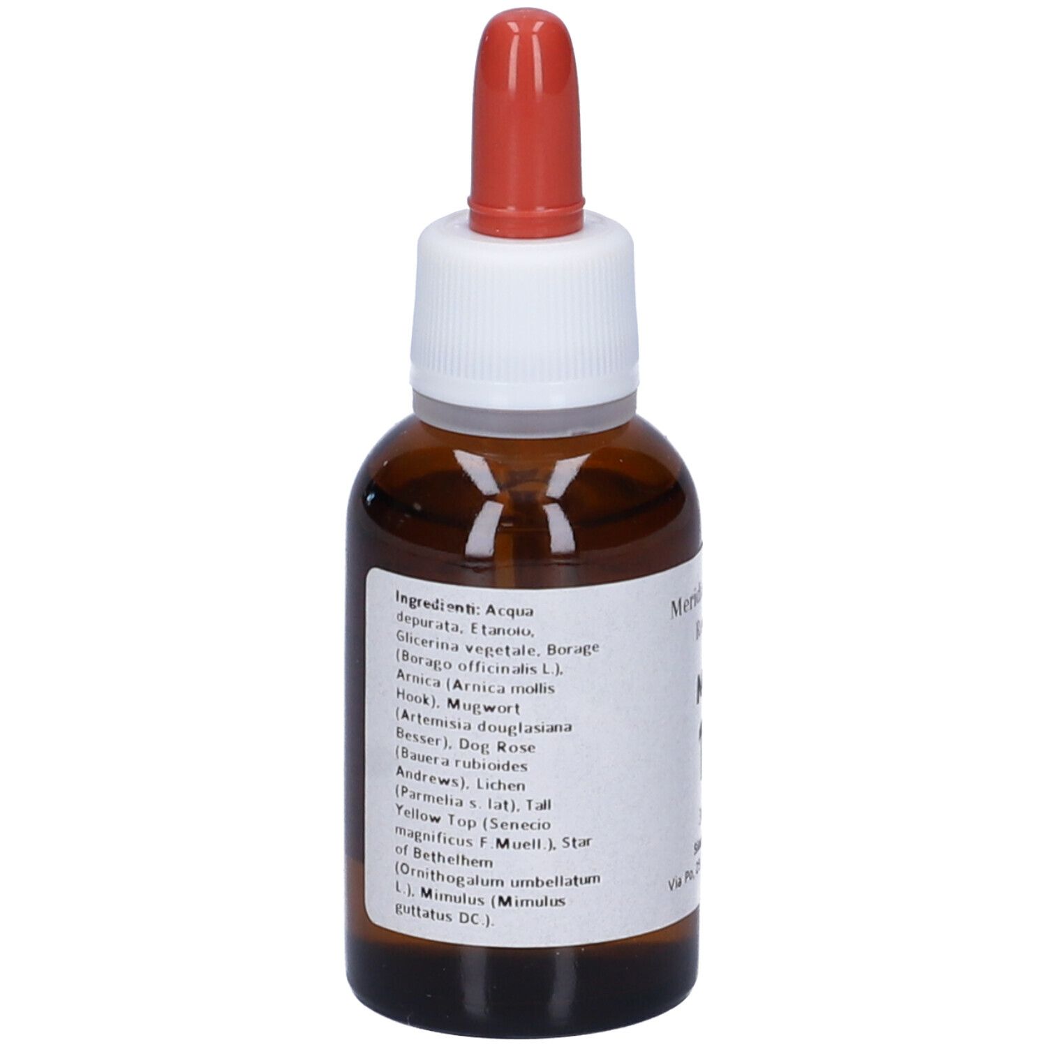 Flacone di vetro marrone con contagocce rosso. Scritta: Meridian Flowers Remedy, elenco ingredienti.