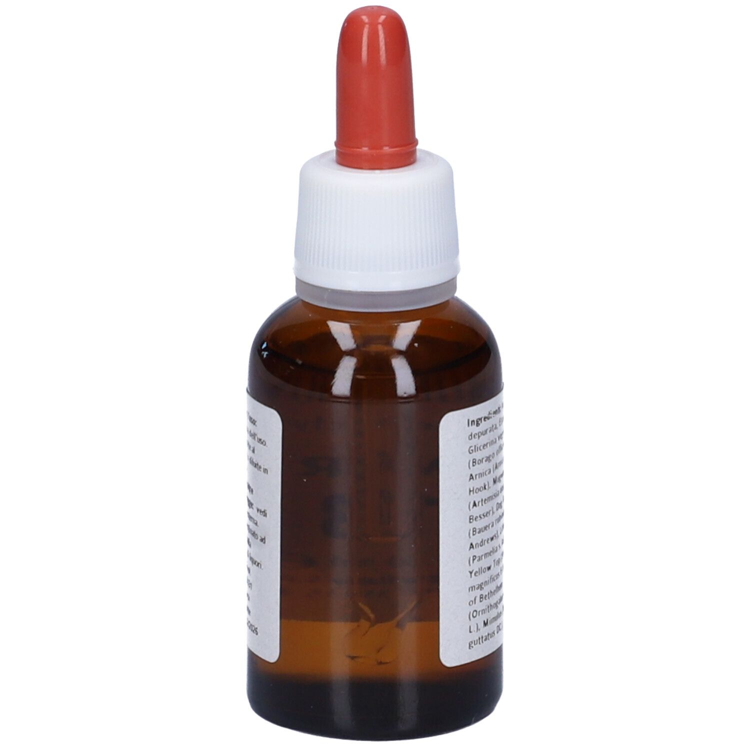 Flacone di vetro marrone con contagocce rosso. Scritta: Meridian Flowers Remedy, elenco ingredienti.