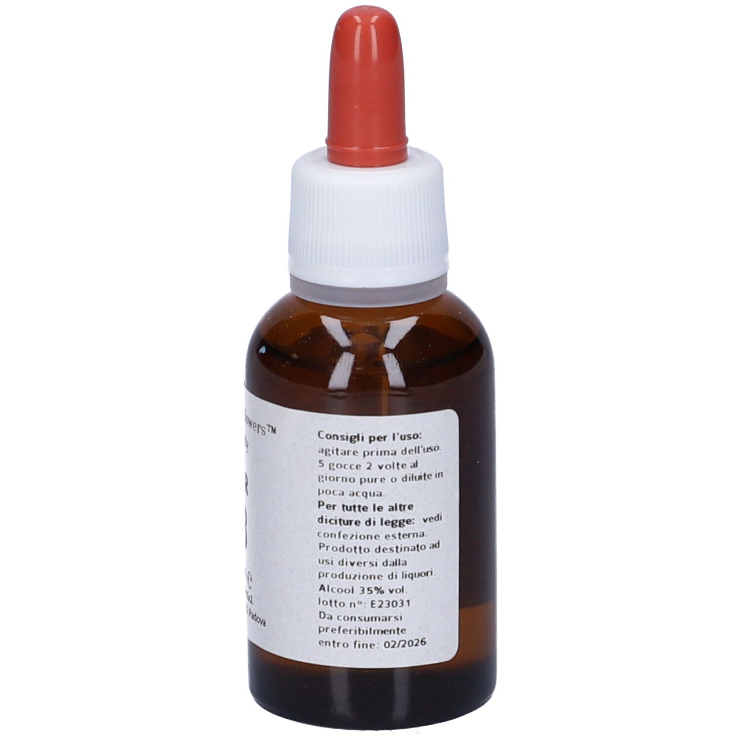 Flacone di vetro marrone con contagocce rosso. Scritta: Meridian Flowers Remedy, istruzioni per l'uso.