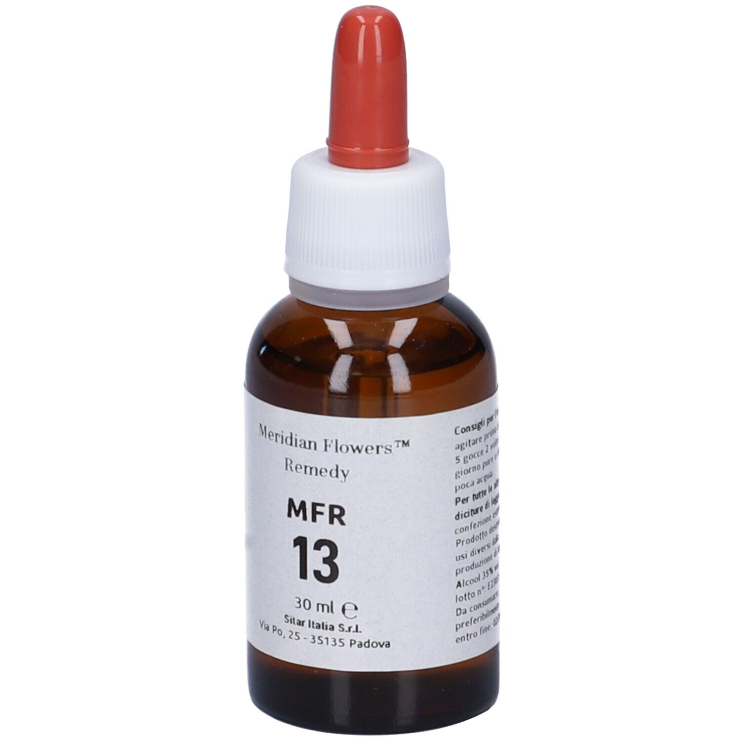 Flacone di vetro marrone con contagocce rosso. Scritta: Meridian Flowers Remedy MFR 13, 30 ml.