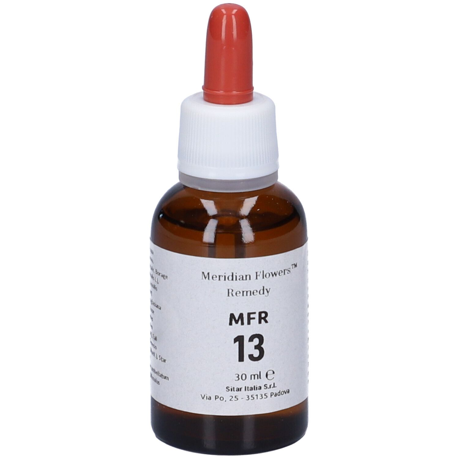 Flacone di vetro marrone con contagocce rosso. Scritta: Meridian Flowers Remedy MFR 13, 30 ml.