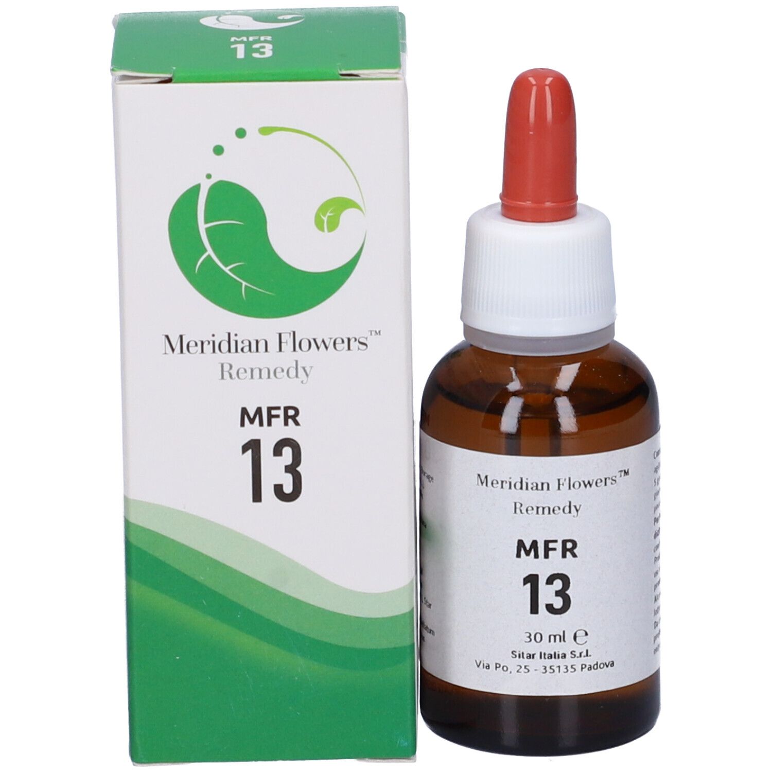 Flacone di vetro marrone con contagocce rosso e scatola bianca. Scritta: Meridian Flowers Remedy MFR 13.