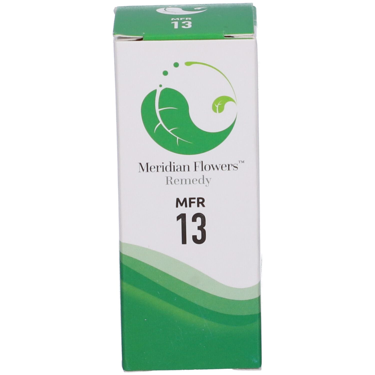 Scatola bianca e verde. Scritta: Meridian Flowers Remedy MFR 13.