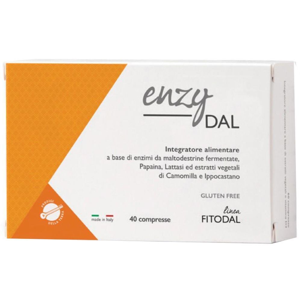 Scatola "Enzydal 40 Compresse Fitodal". Bianca con dettagli arancioni. Testo: Senza glutine, 40 compresse. Logo: Fitodal.