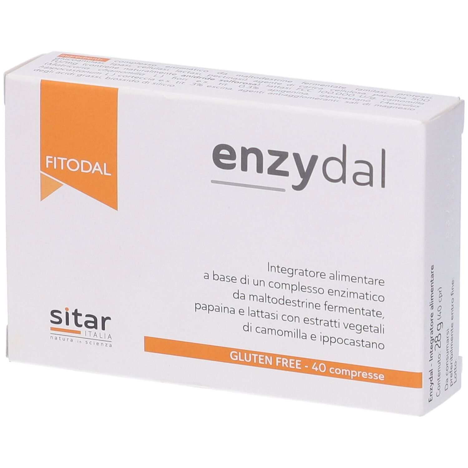 Scatola "Enzydal". Bianca con logo e testo arancioni. Contiene 40 compresse. Marchio: Fitodal. Logo: Sitar Italia.