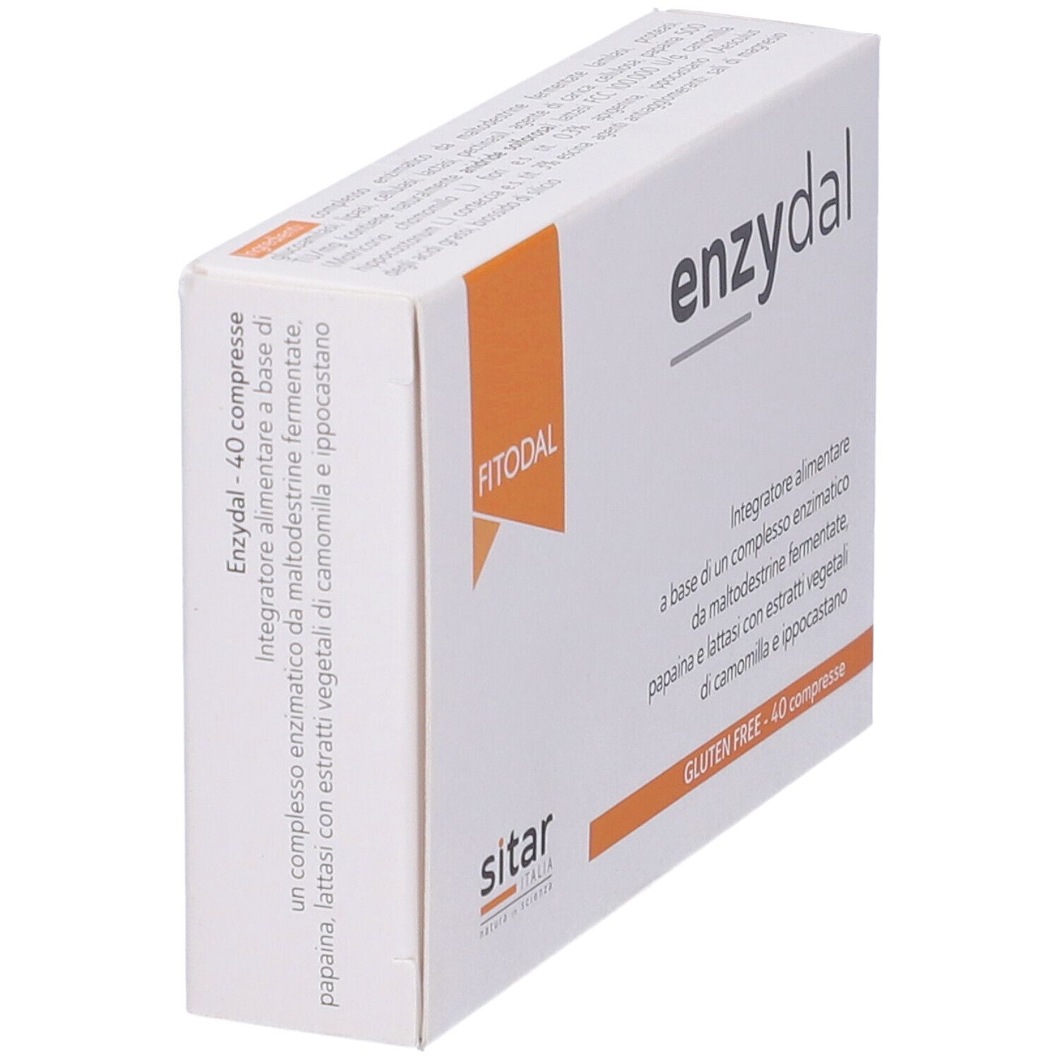 Scatola "Enzydal". Bianca con logo e testo arancioni. Contiene 40 compresse. Marchio: Fitodal. Logo: Sitar Italia.