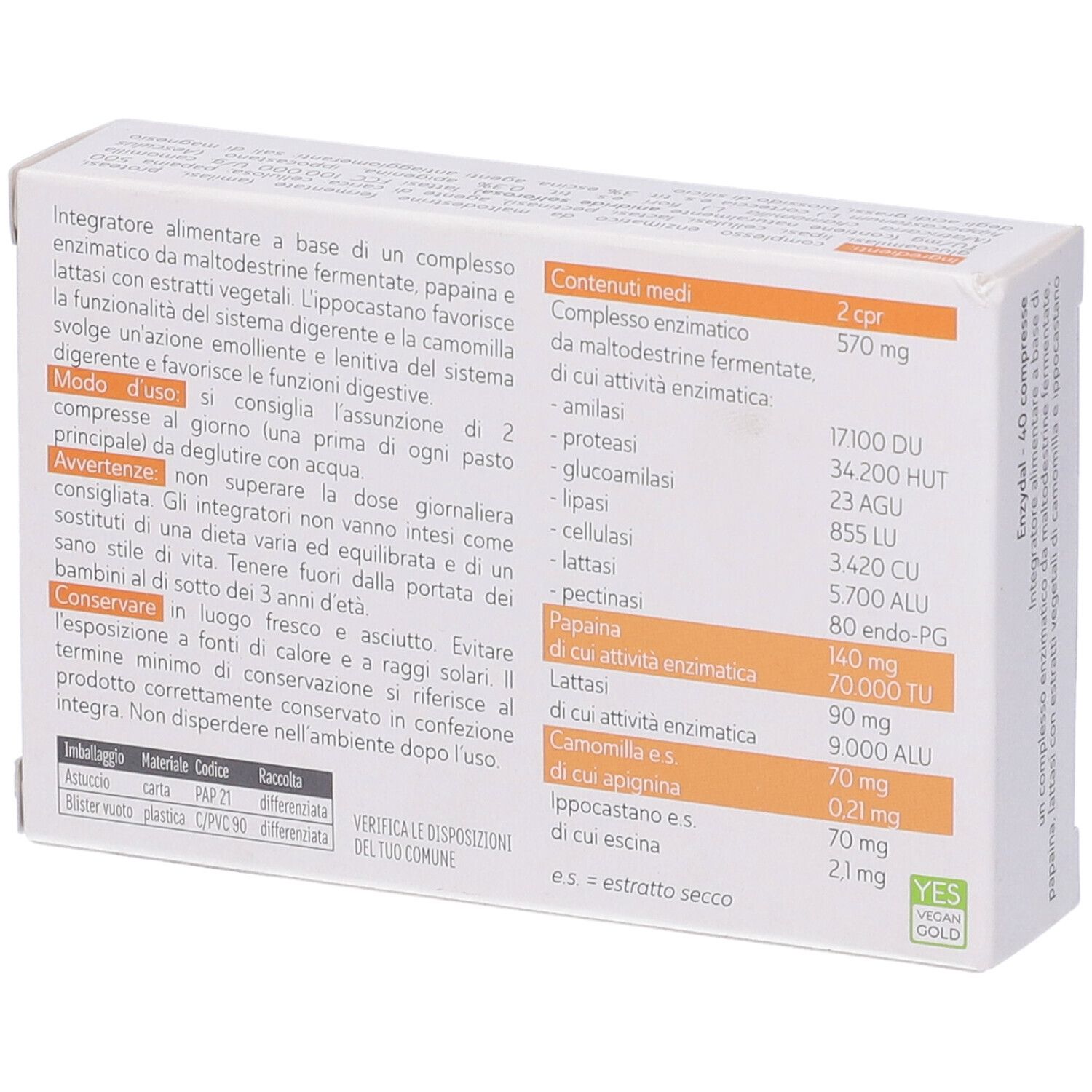 Retro della scatola "Enzydal". Contiene informazioni su ingredienti e uso. Testo in italiano.