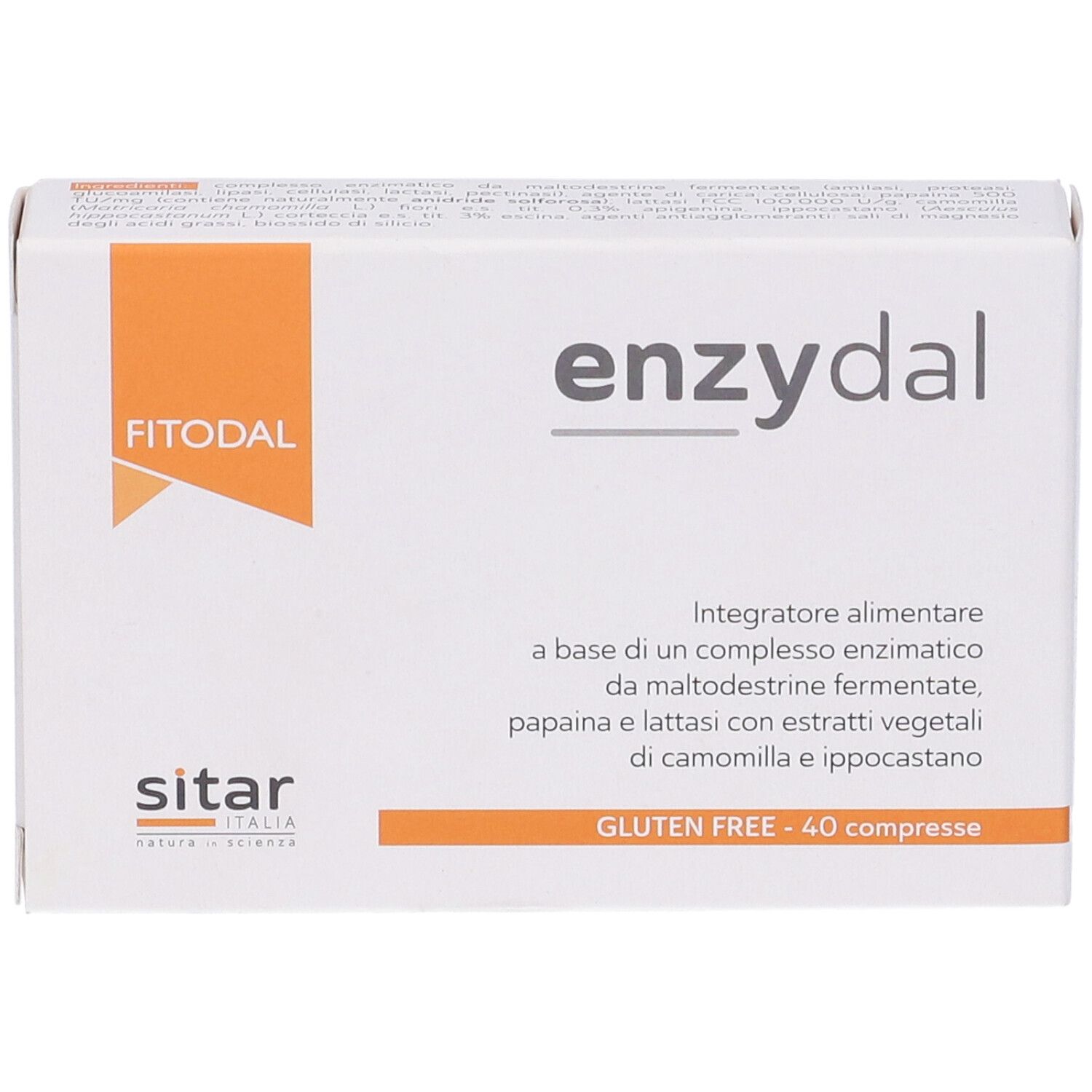 Scatola "Enzydal 40 Compresse Fitodal". Bianca con dettagli arancioni. Testo: Senza glutine, 40 compresse. Logo: Fitodal.