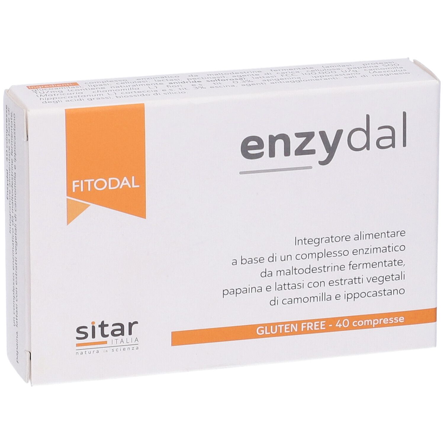 Scatola "Enzydal 40 Compresse Fitodal". Bianca con dettagli arancioni. Testo: Senza glutine, 40 compresse. Logo: Fitodal.