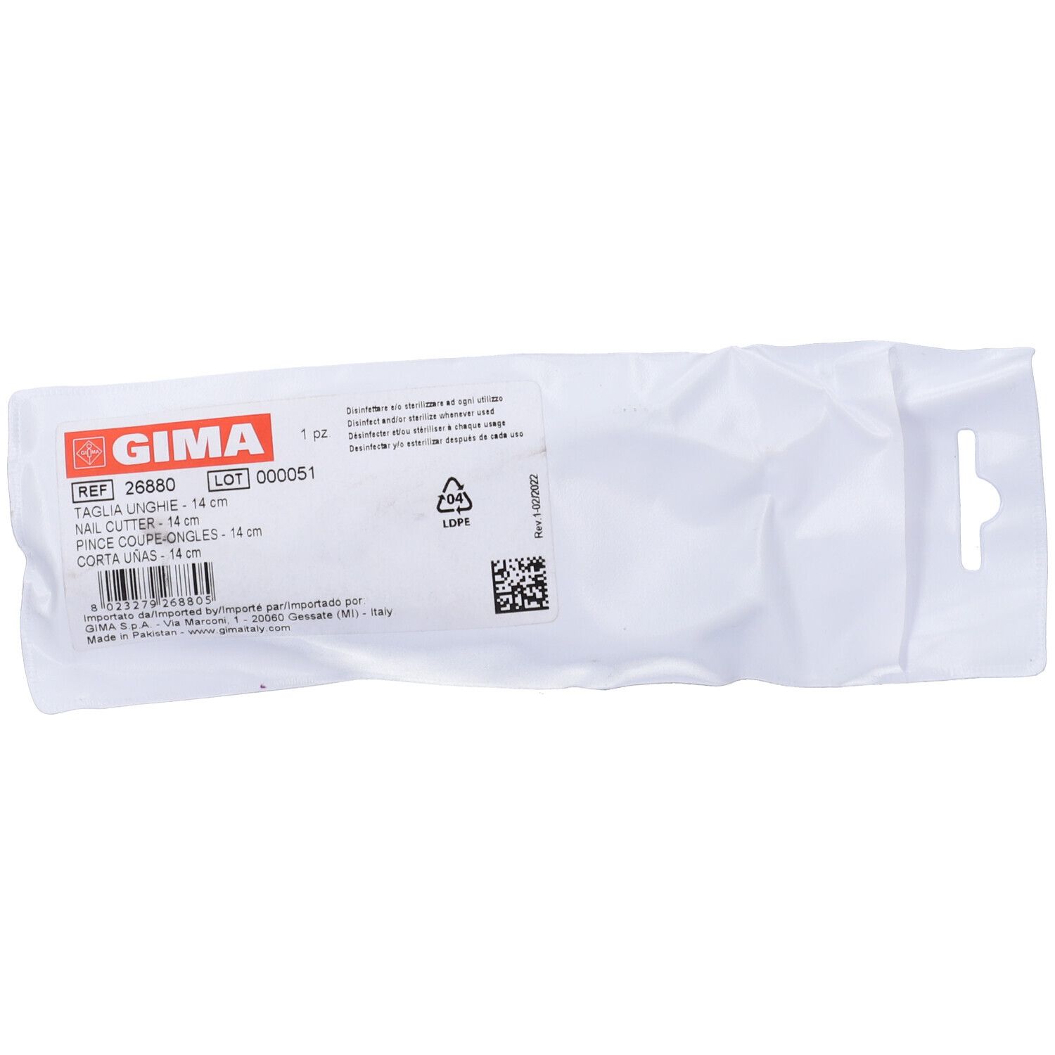 Confezione con informazioni sul prodotto. Testo: GIMA, Taglia Unghie - 14 cm.