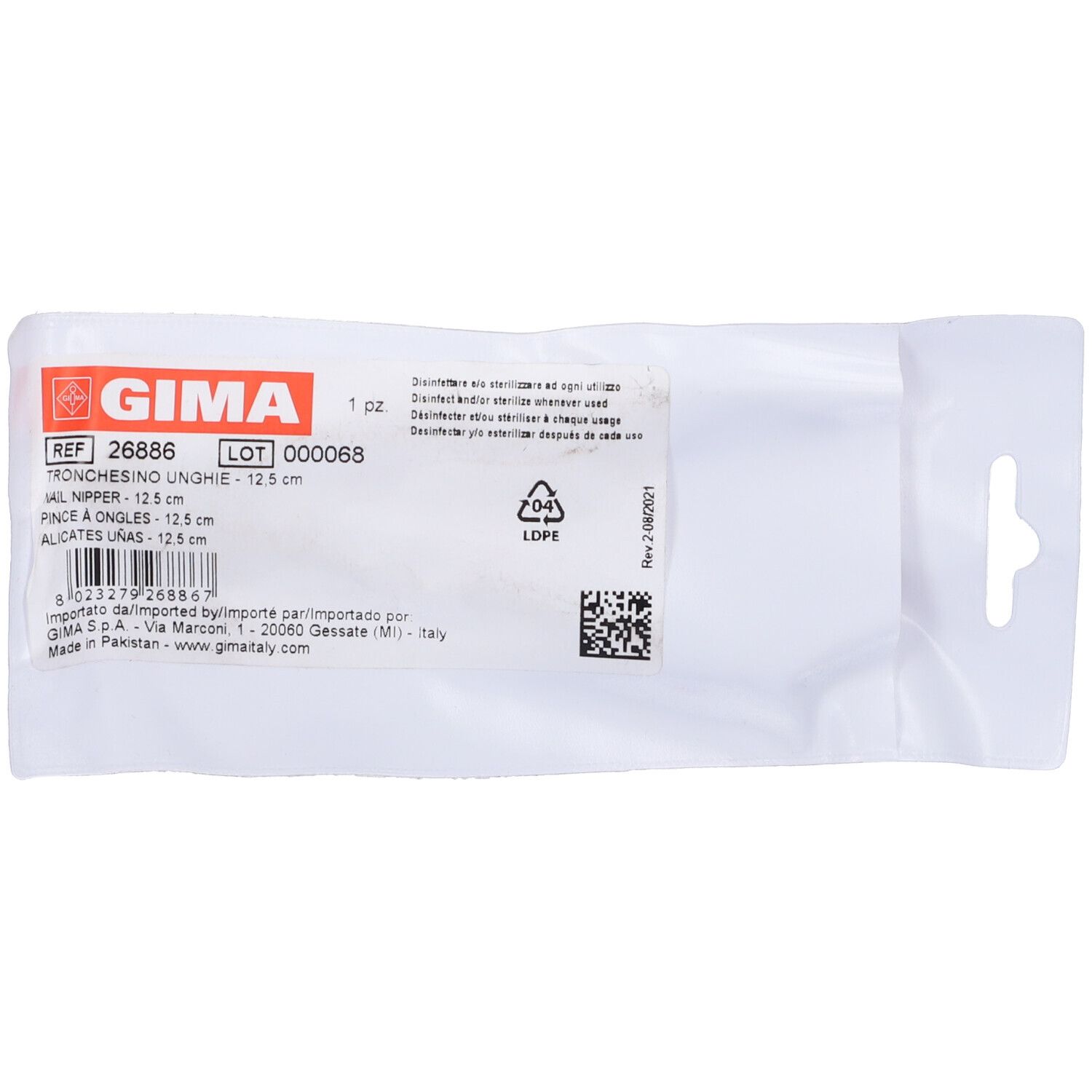 Confezione di GIMA Tronchesino Unghie, 12,5 cm. Nome prodotto, dimensioni e numero di lotto stampati. Istruzioni per la sterilizzazione.
