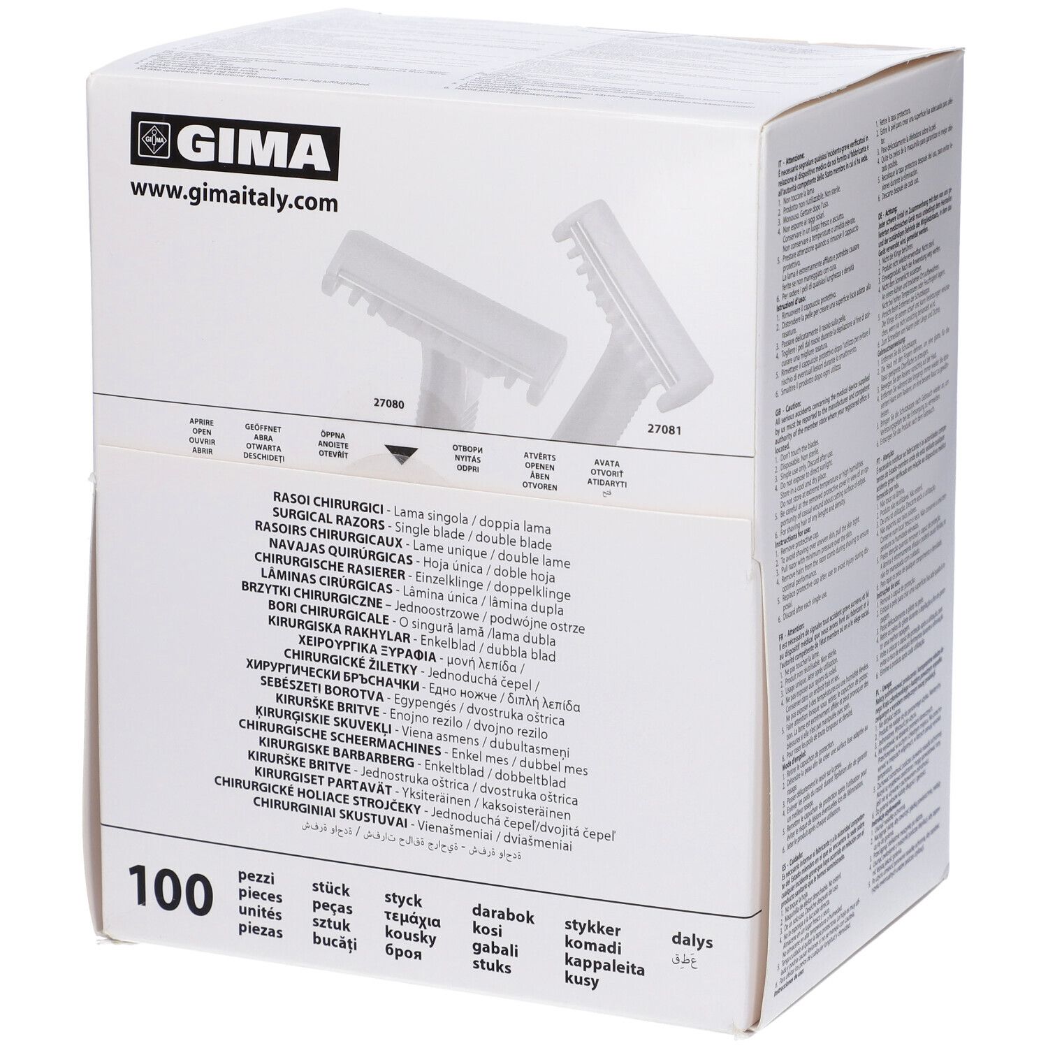 Confezione di rasoi chirurgici GIMA. Scritta: 100 pezzi. Nome prodotto e dettagli tecnici.
