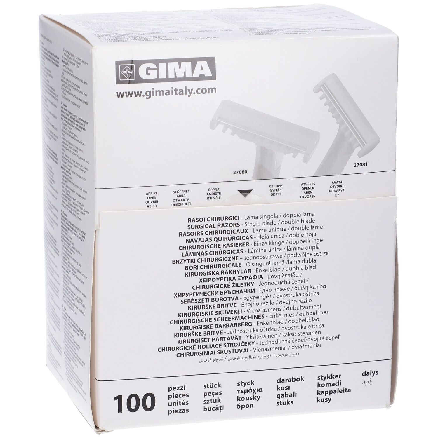 Confezione di rasoi chirurgici GIMA. Scritta: 100 pezzi. Nome prodotto e dettagli tecnici.