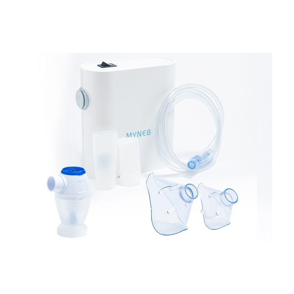 Dispositivo bianco con accessori. Maschere, boccaglio, tubo. Scritta MYNEB.
