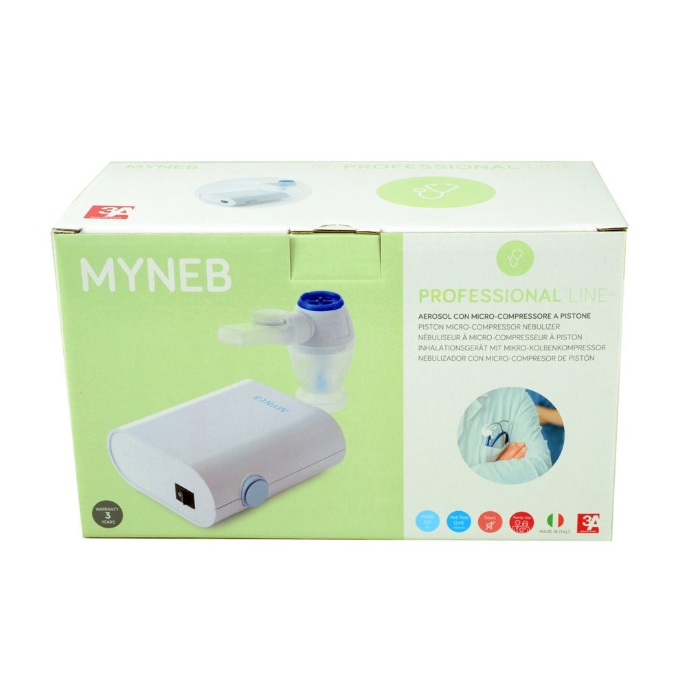 Confezione con dispositivo e accessori. Scritta MYNEB. Testo: PROFESSIONAL LINE.