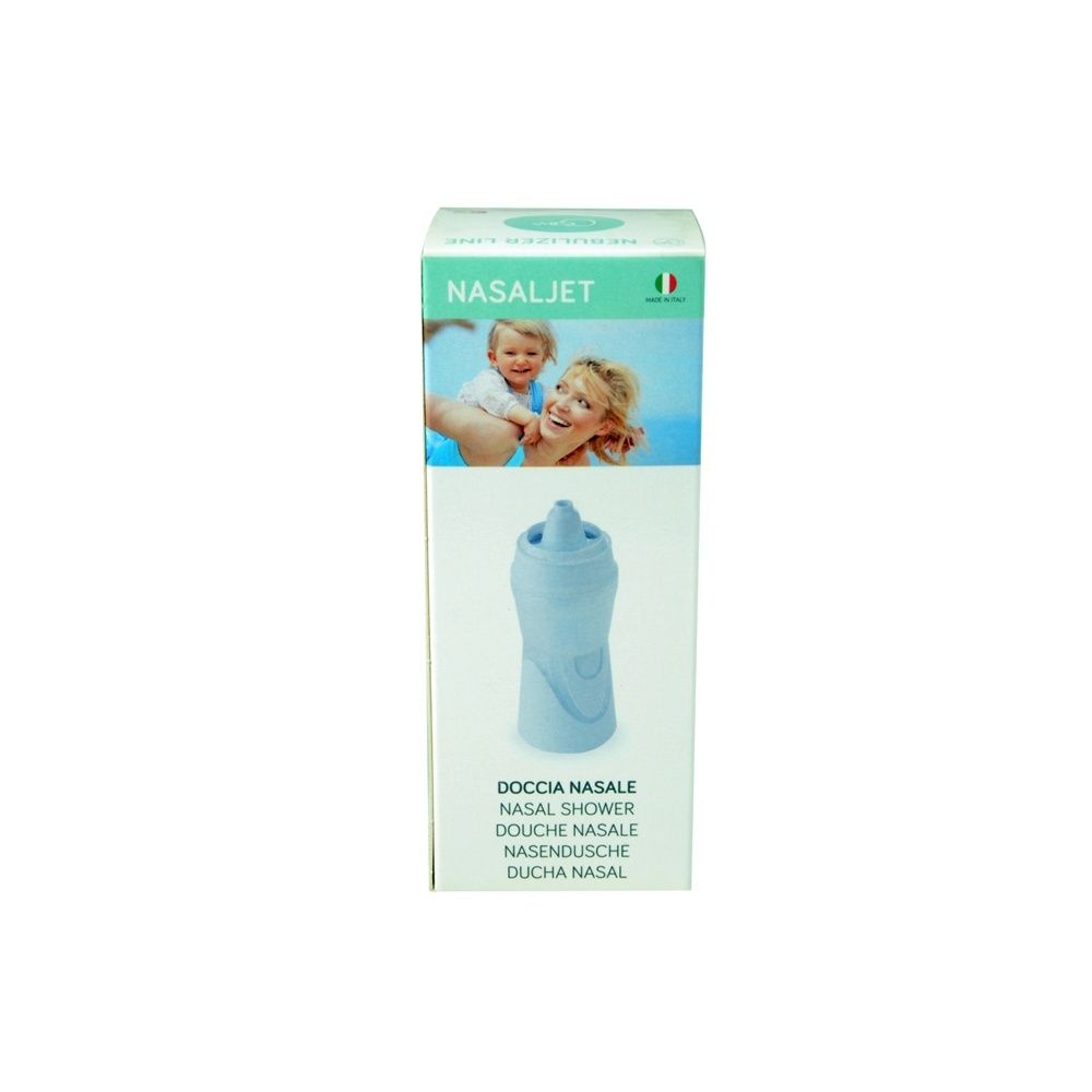 Confezione di Nasaljet. Sul fronte, un'illustrazione della doccia nasale e una foto di madre e bambino.