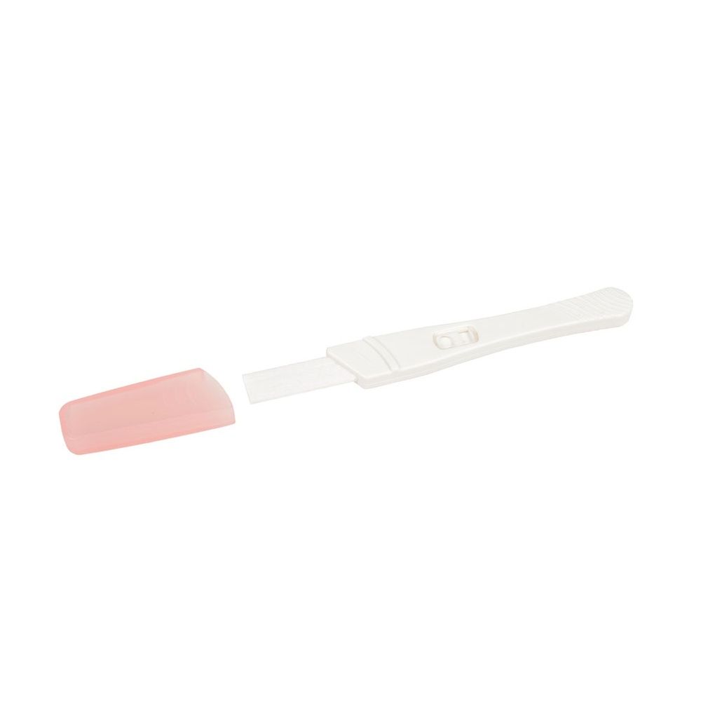 Test di gravidanza bianco con cappuccio rosa rimosso. Forma allungata.