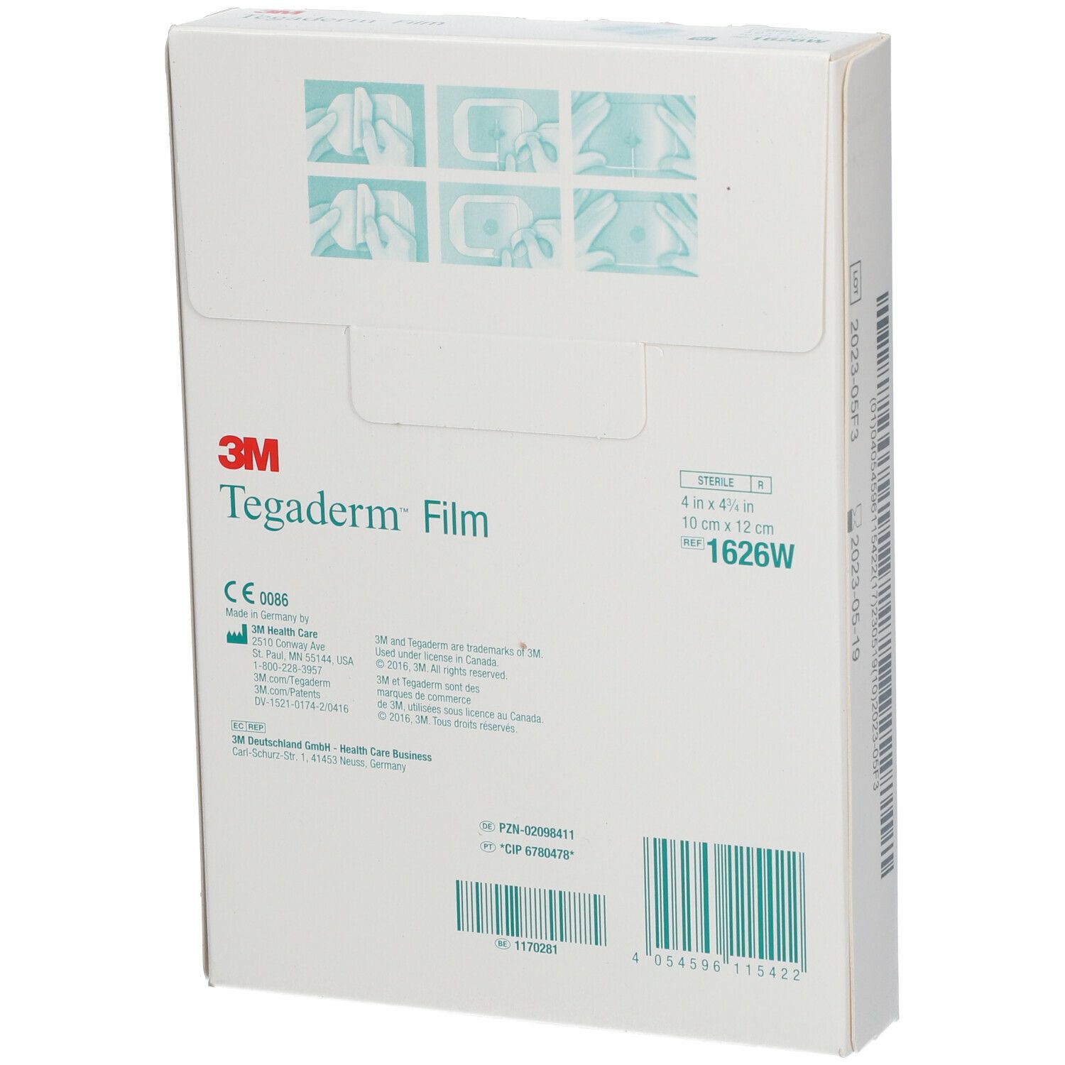 Retro di una scatola bianca con 3M Tegaderm Film. Nome e logo del prodotto. Scritta: 1626W, 10 cm x 12 cm. Marchio CE.