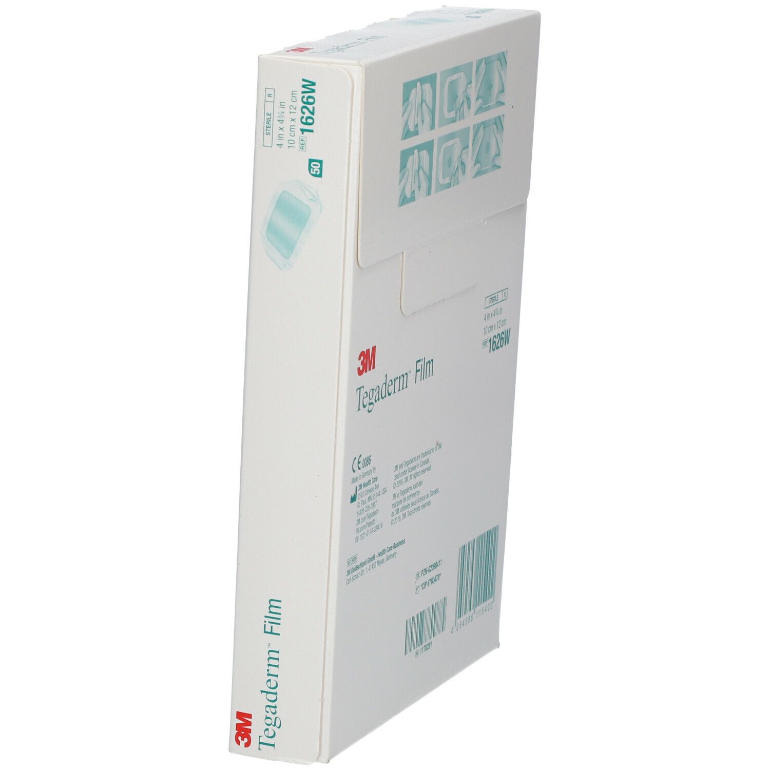 Scatola bianca con 3M Tegaderm Film. Nome e logo del prodotto. Scritta: 1626W, 10 cm x 12 cm. Immagine del prodotto. Marchio CE.