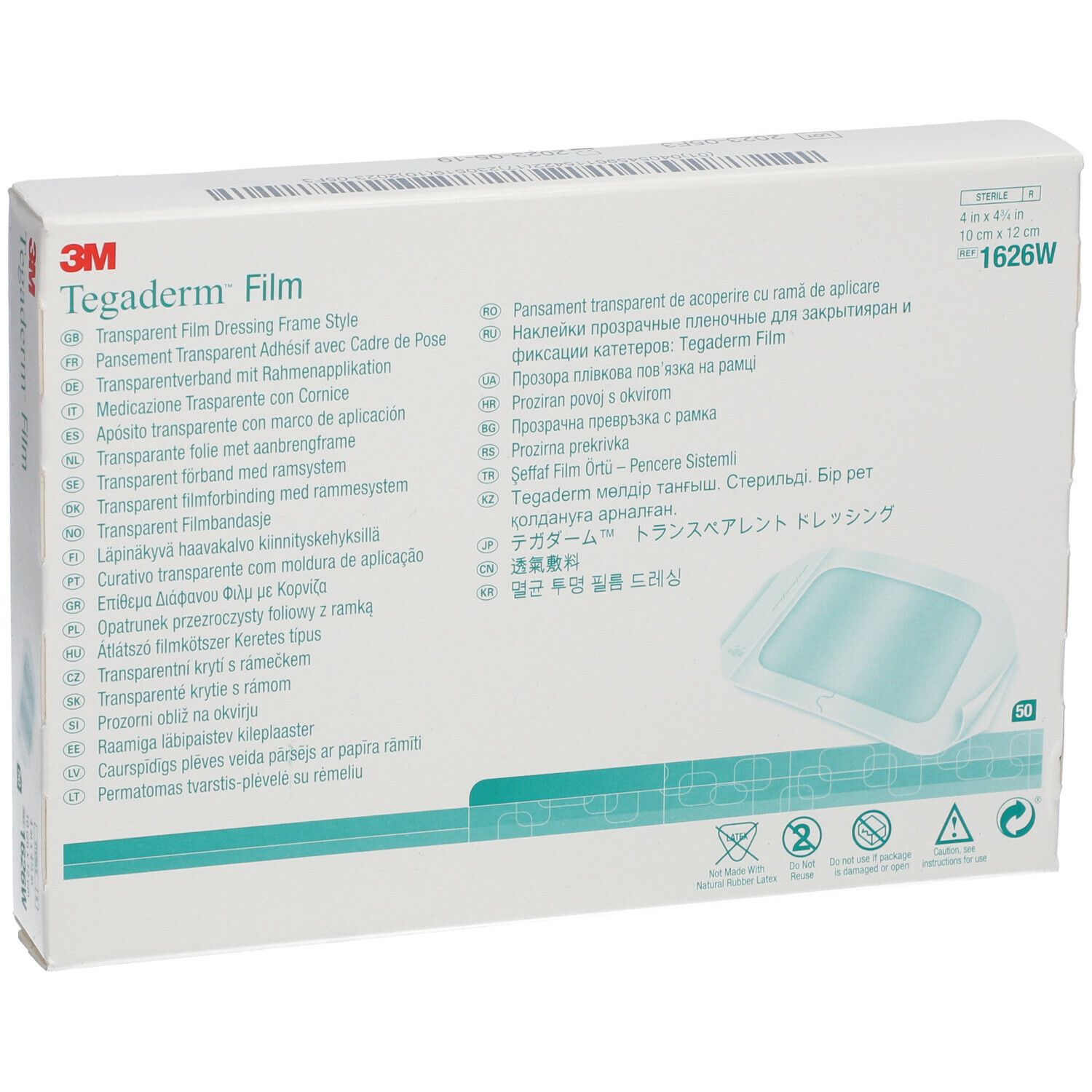 Scatola bianca con 3M Tegaderm Film. Nome e logo del prodotto. Scritta: 1626W, 10 cm x 12 cm. Immagine del prodotto. Testi multilingue.