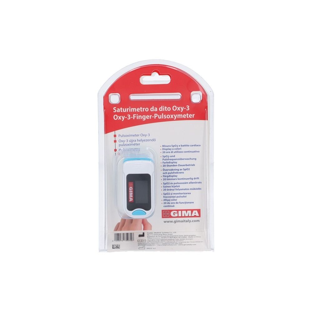 Confezione del pulsossimetro. Blister con dispositivo, testo e marchio GIMA.