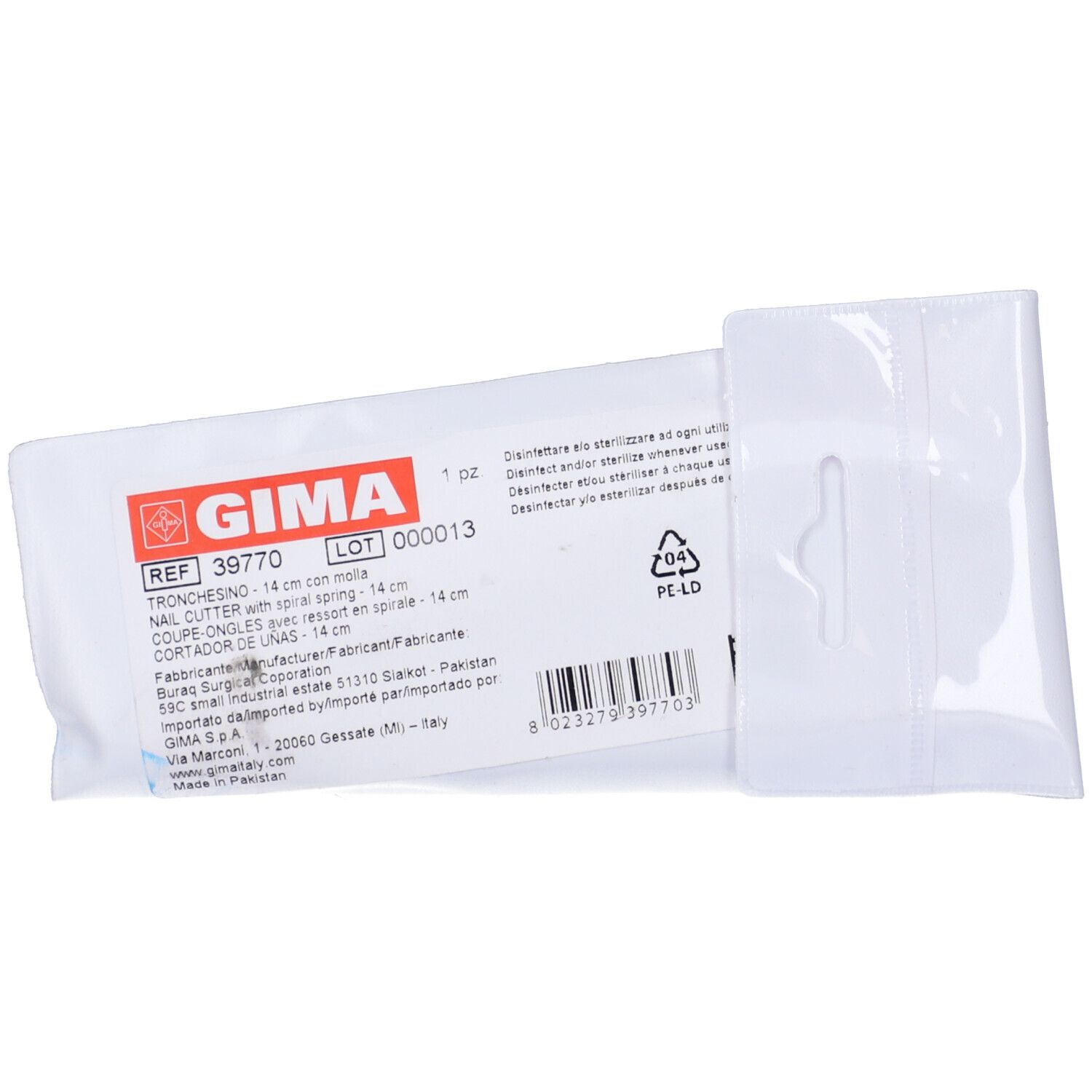 Confezione con tronchesino. Testo: GIMA, Tronchesino 14 cm con molla. Indicazione dimensioni. Istruzioni.