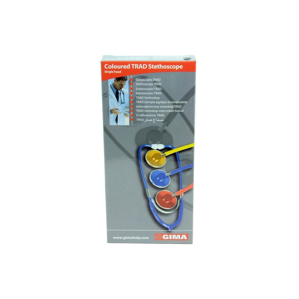 Confezione per stetoscopio colorato. Logo GIMA. Illustrazione del prodotto. Testo multilingue.