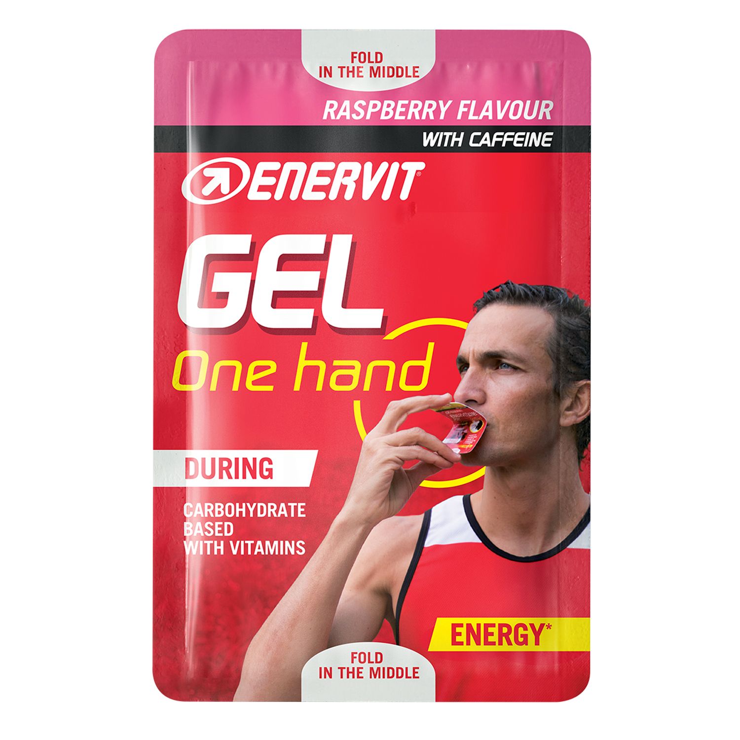 Confezione gel rosa ENERVIT. Uomo che consuma il gel. Scritta: Gusto lampone, caffeina, carboidrati. Confezione "One hand".