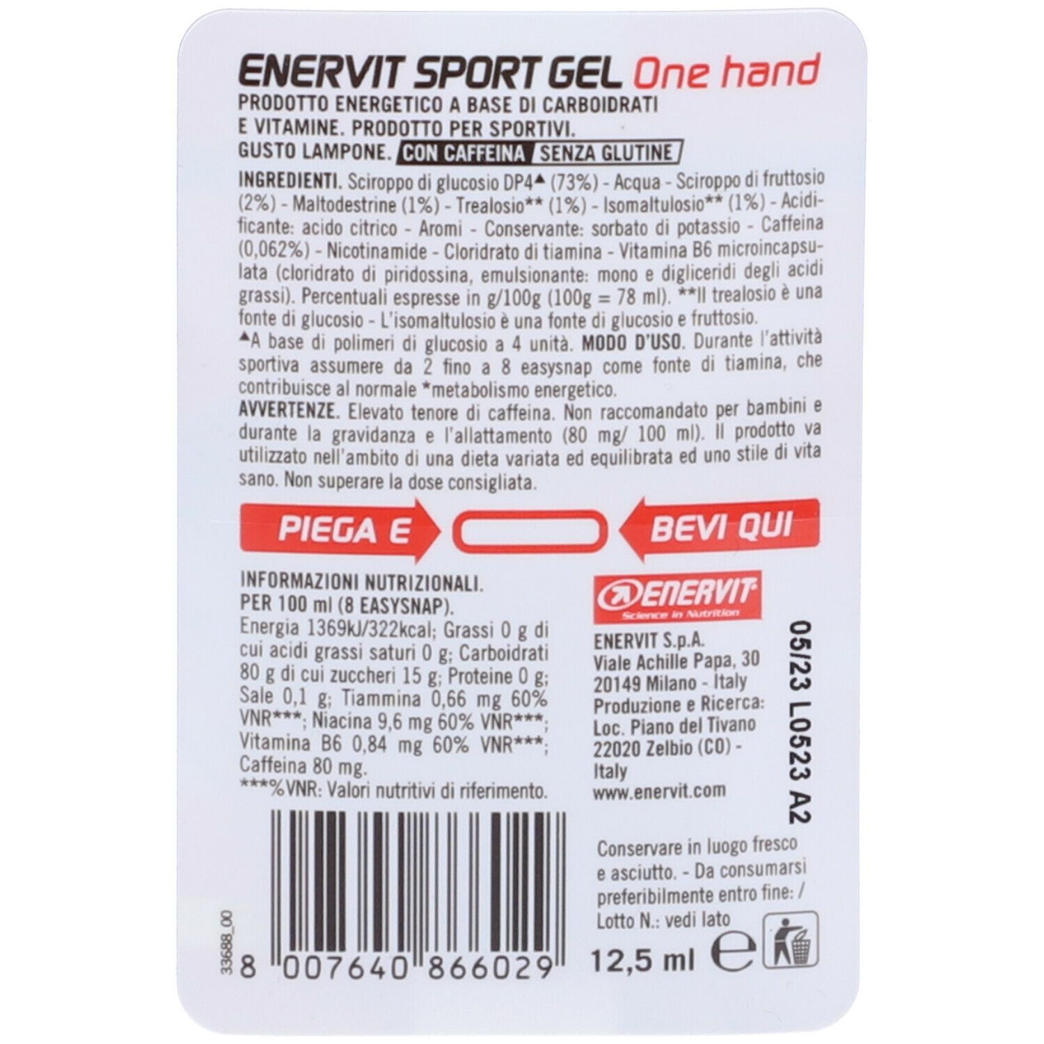 Retro confezione ENERVIT Sport Gel One hand. Scritte: ingredienti, informazioni nutrizionali, produttore, data di scadenza.