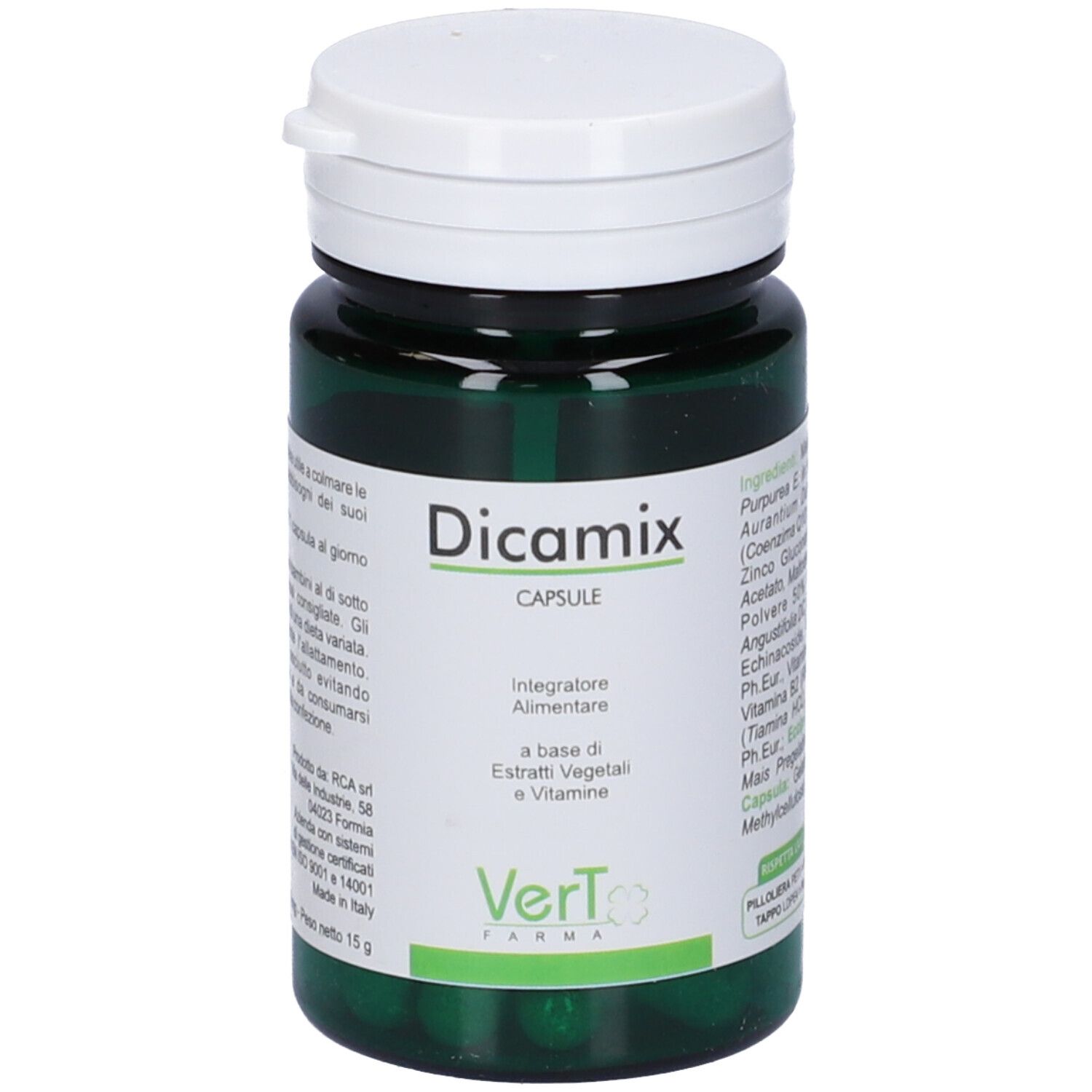 Flacone verde di capsule con coperchio bianco. Scritto: Dicamix Capsule. Marchio: Vert Farma.