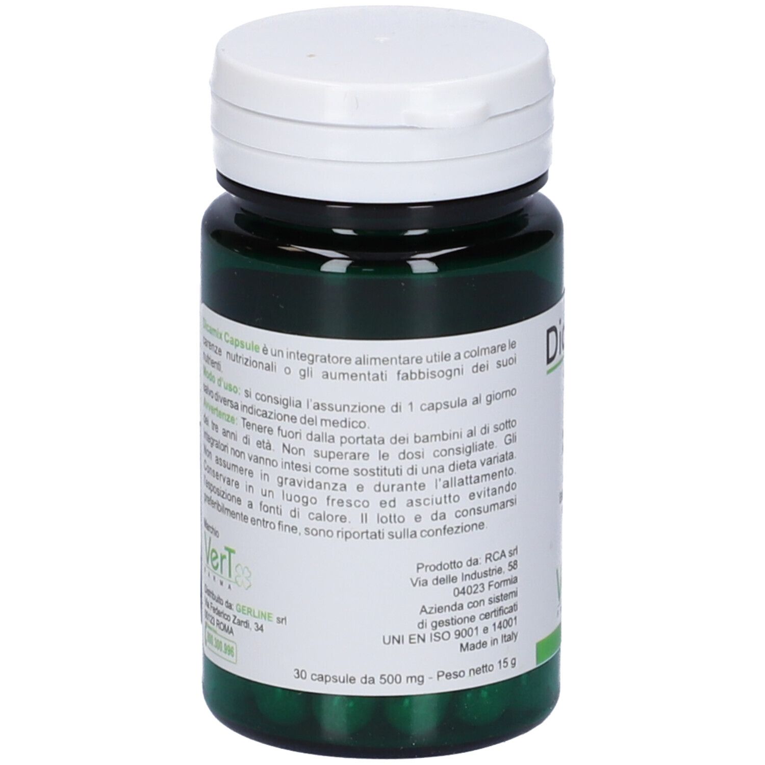 Flacone verde di capsule con coperchio bianco. Scritto: Dicamix Capsule. Marchio: Vert Farma.