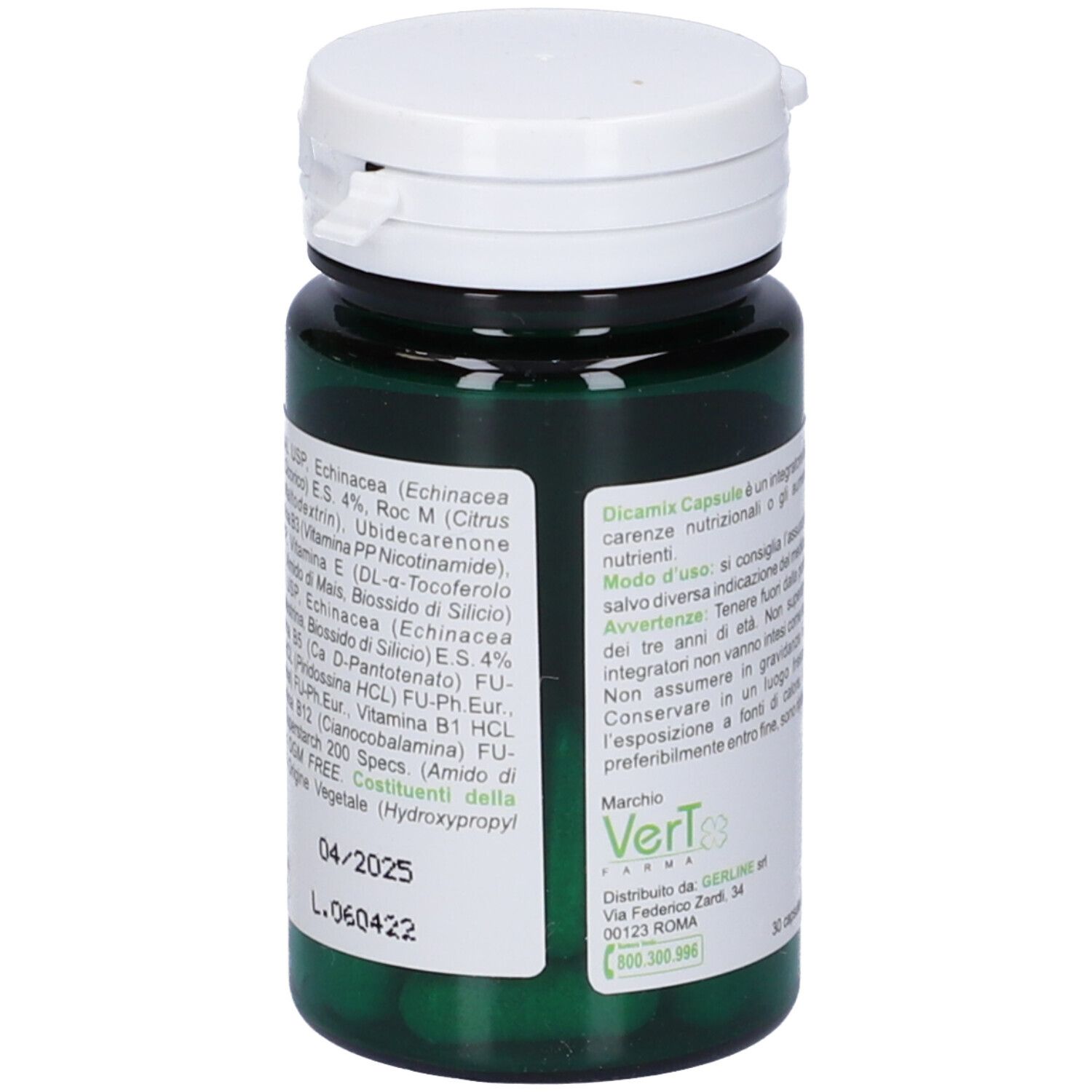 Flacone verde di capsule con coperchio bianco. Scritto: Dicamix Capsule. Marchio: Vert Farma.