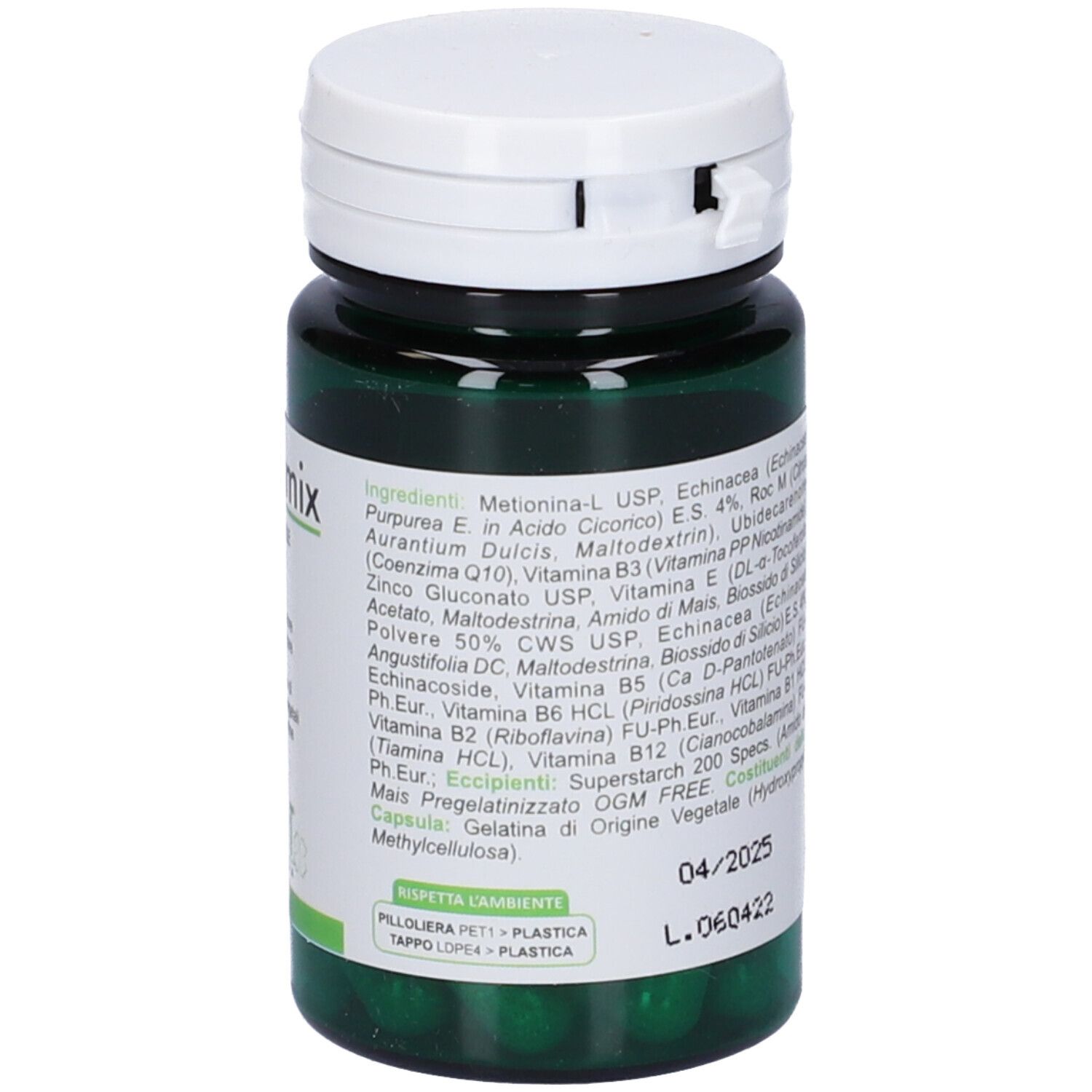 Flacone verde di capsule con coperchio bianco. Scritto: Dicamix Capsule. Marchio: Vert Farma.