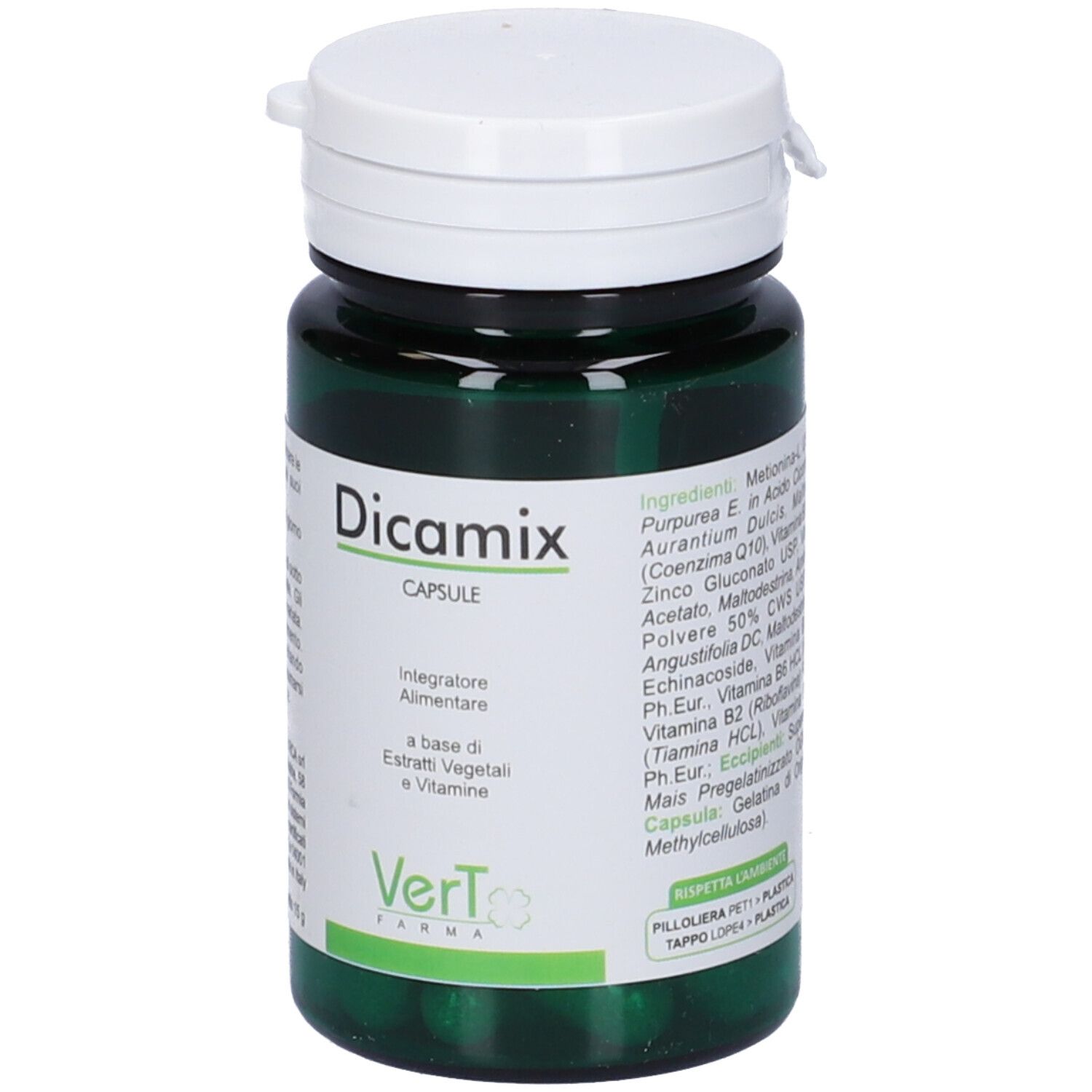 Flacone verde di capsule con coperchio bianco. Scritto: Dicamix Capsule. Marchio: Vert Farma.