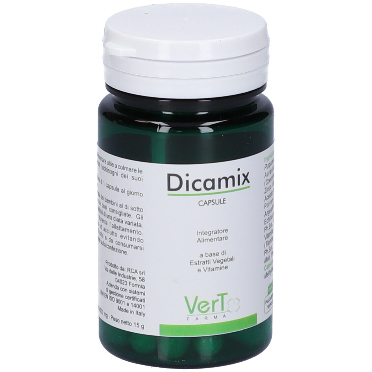 Flacone verde di capsule con coperchio bianco. Scritto: Dicamix Capsule. Marchio: Vert Farma.