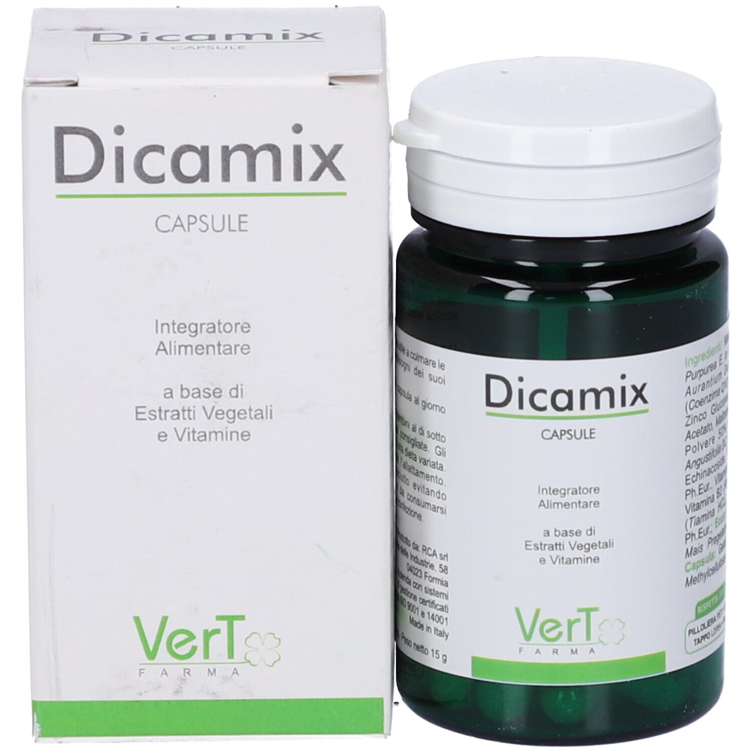 Flacone verde di capsule e scatola. Scritto: Dicamix Capsule. Marchio: Vert Farma.