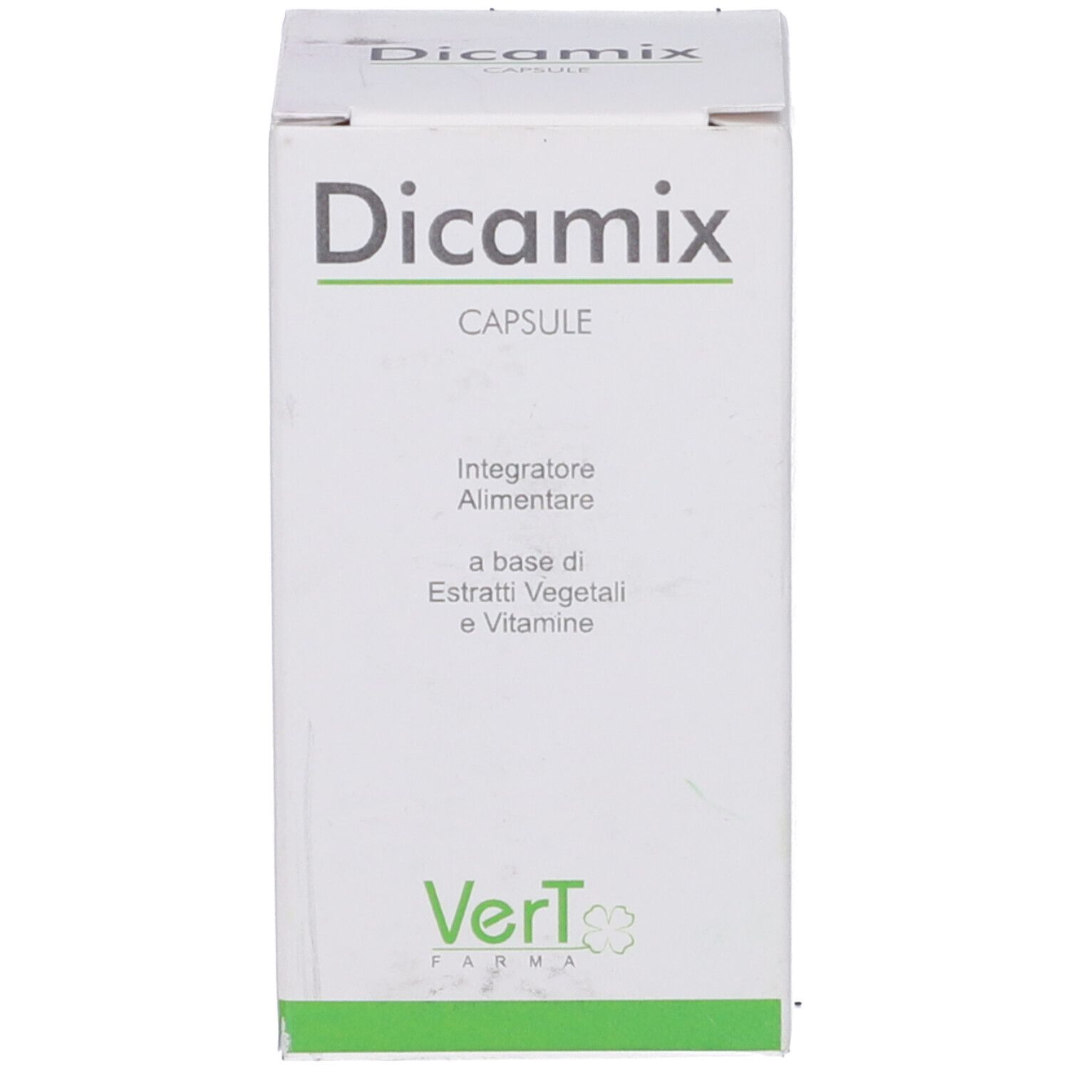 Scatola bianca con testo verde. Scritto: Dicamix Capsule. Marchio: Vert Farma.
